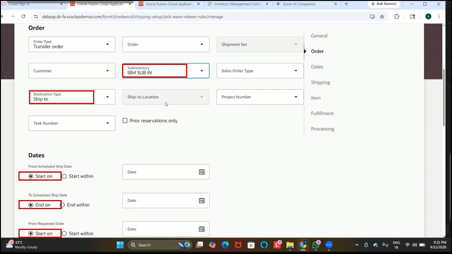 Oracle Fusion Start Within date filter available for picking rules