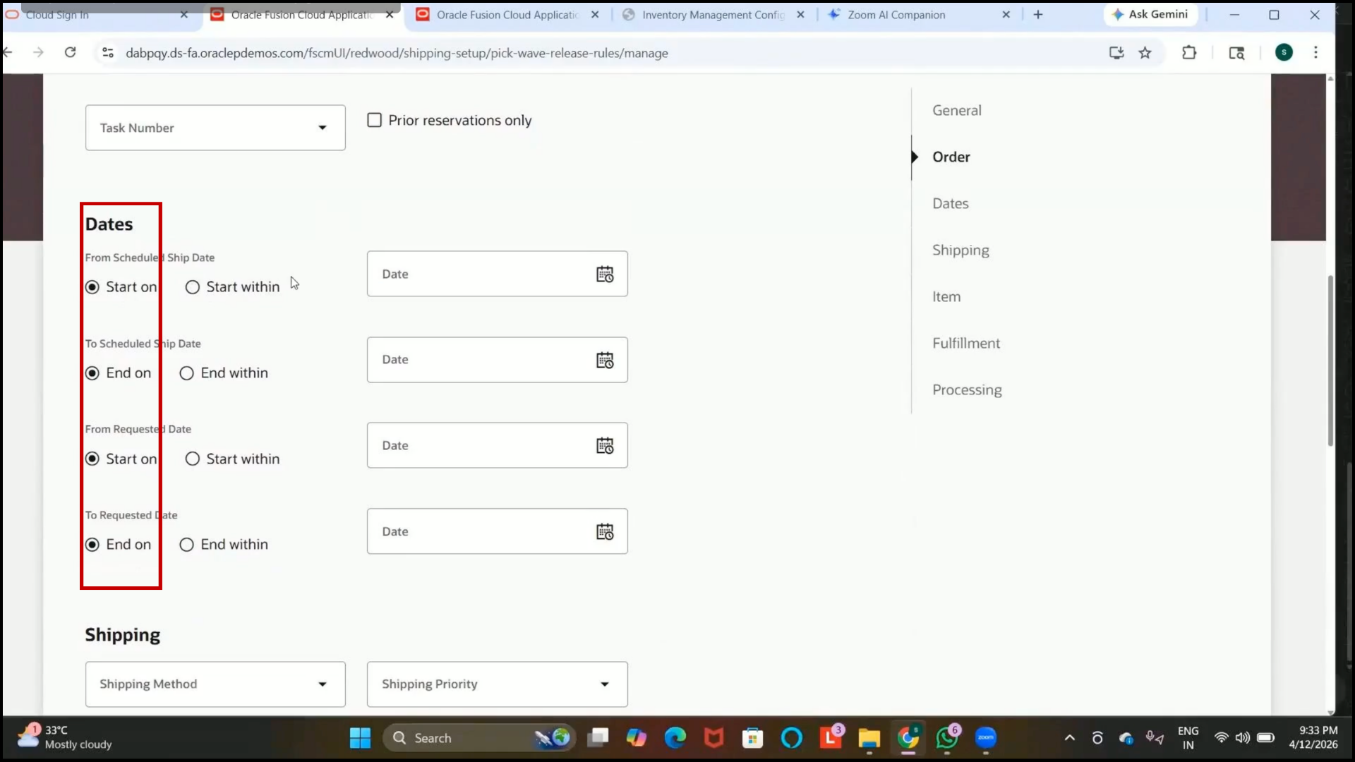 Oracle Fusion blank date fields allowing all eligible orders for picking