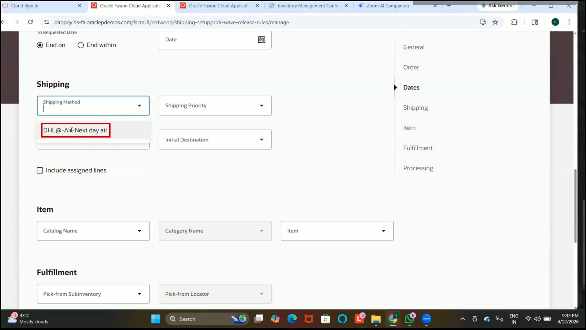 Oracle Fusion previously created shipping method selected for order processing