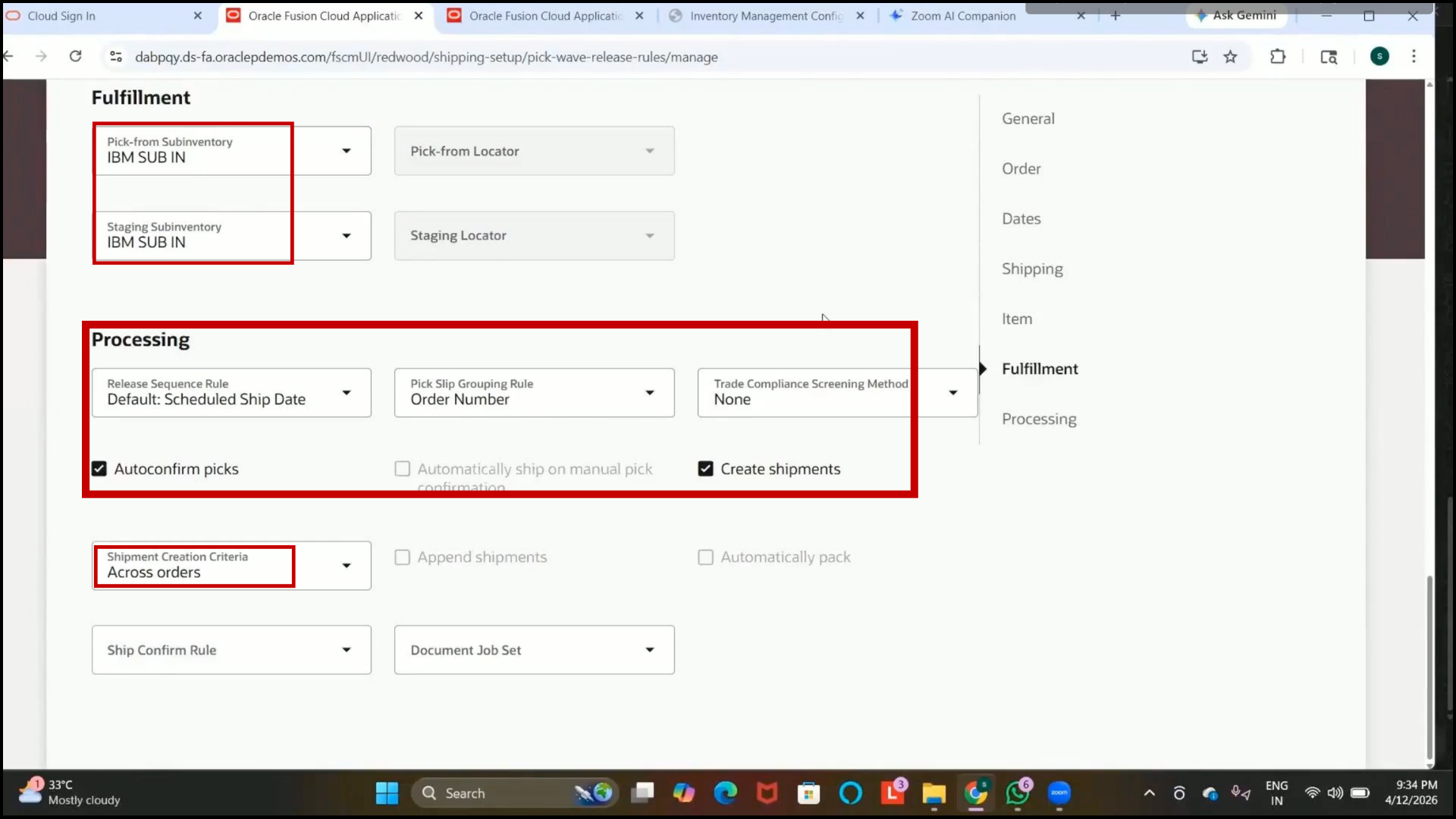 Oracle Fusion "Pick From Subinventory" restriction option displayed in the setup.
