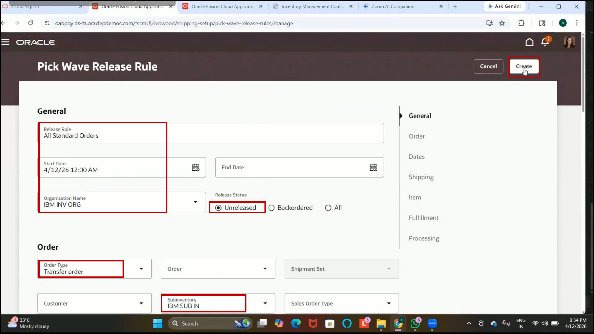Oracle Fusion Create button used to finalize Pick Wave Release Rule setup