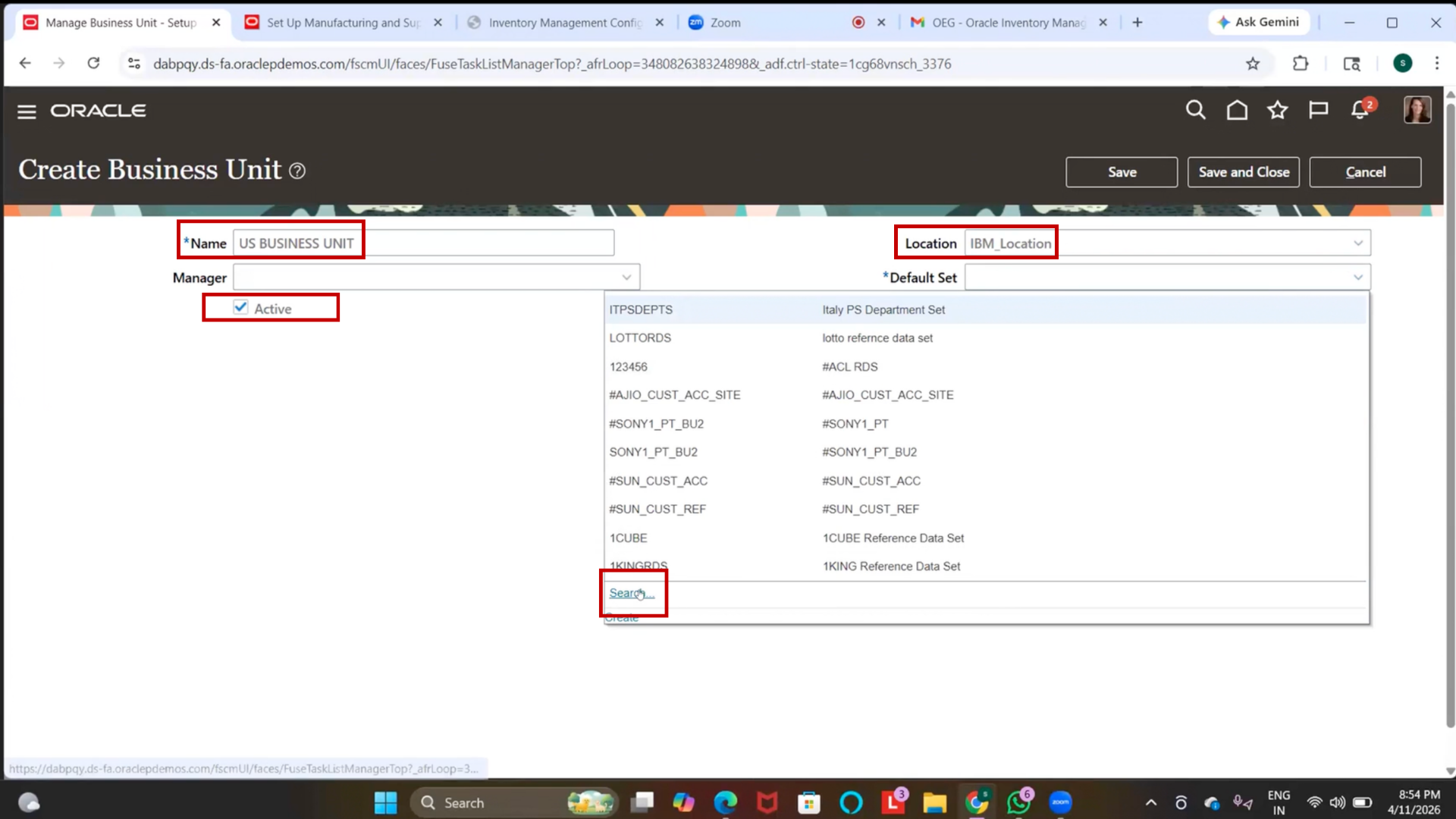 Default Set field configuration in Oracle Inventory Management system for inventory organization setup