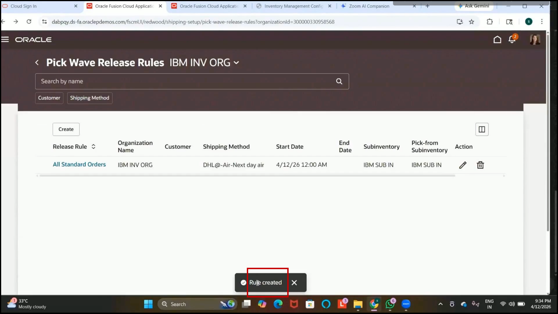 Oracle Fusion successful Pick Wave Release Rule creation confirmation message
