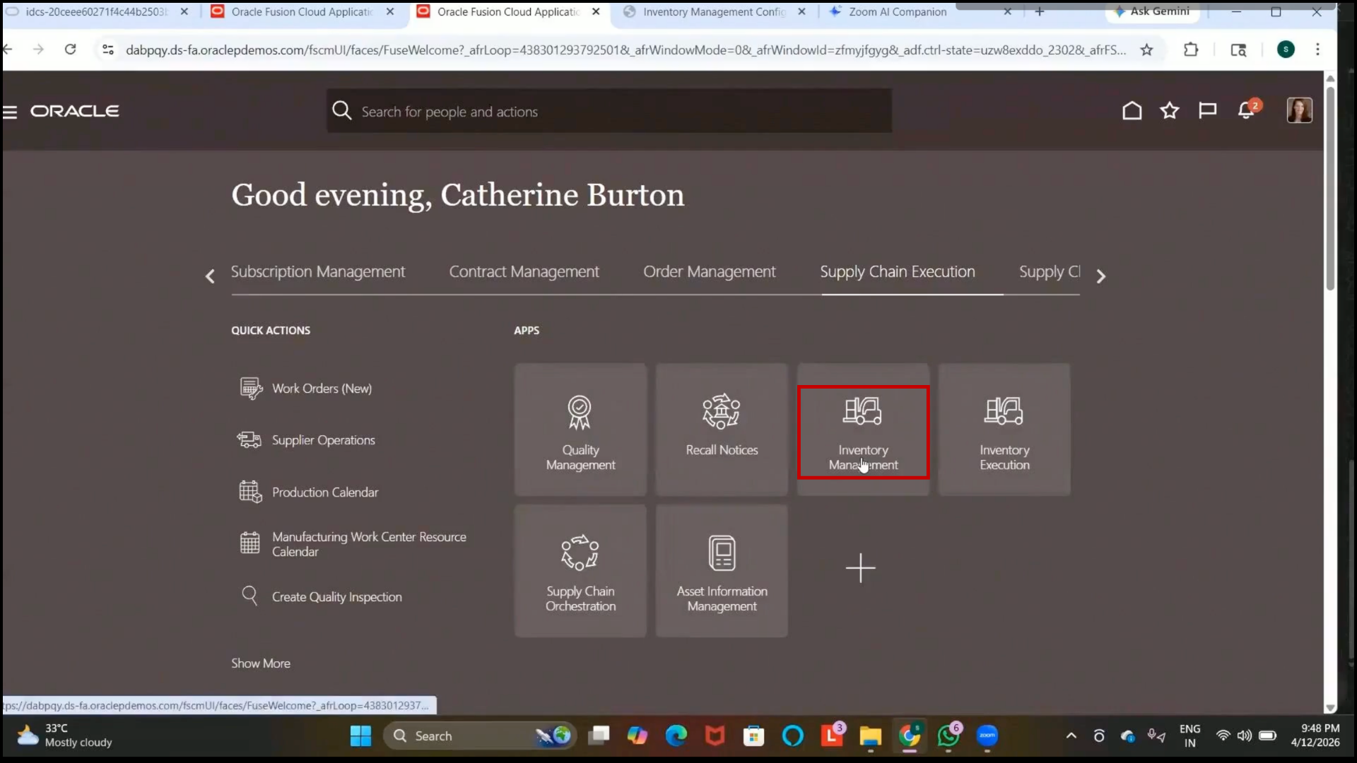 Oracle Fusion Inventory Management work area opened for inventory operations