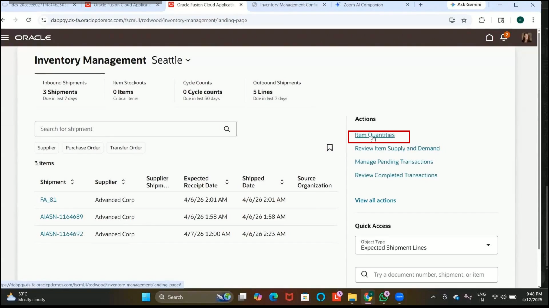 Oracle Fusion Item Quantities page opened from Inventory Management