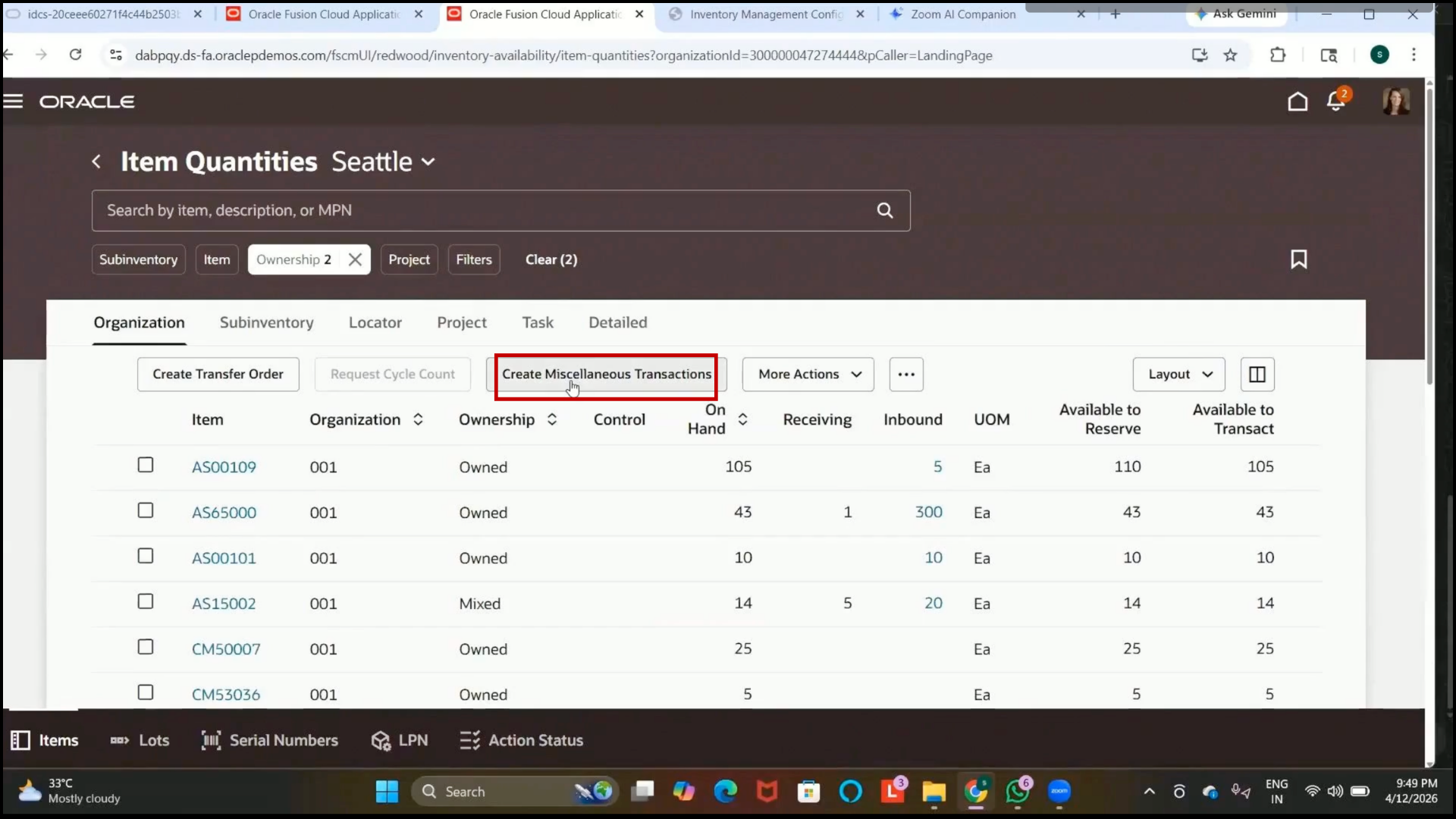 Oracle Fusion Create Miscellaneous Transaction option selected