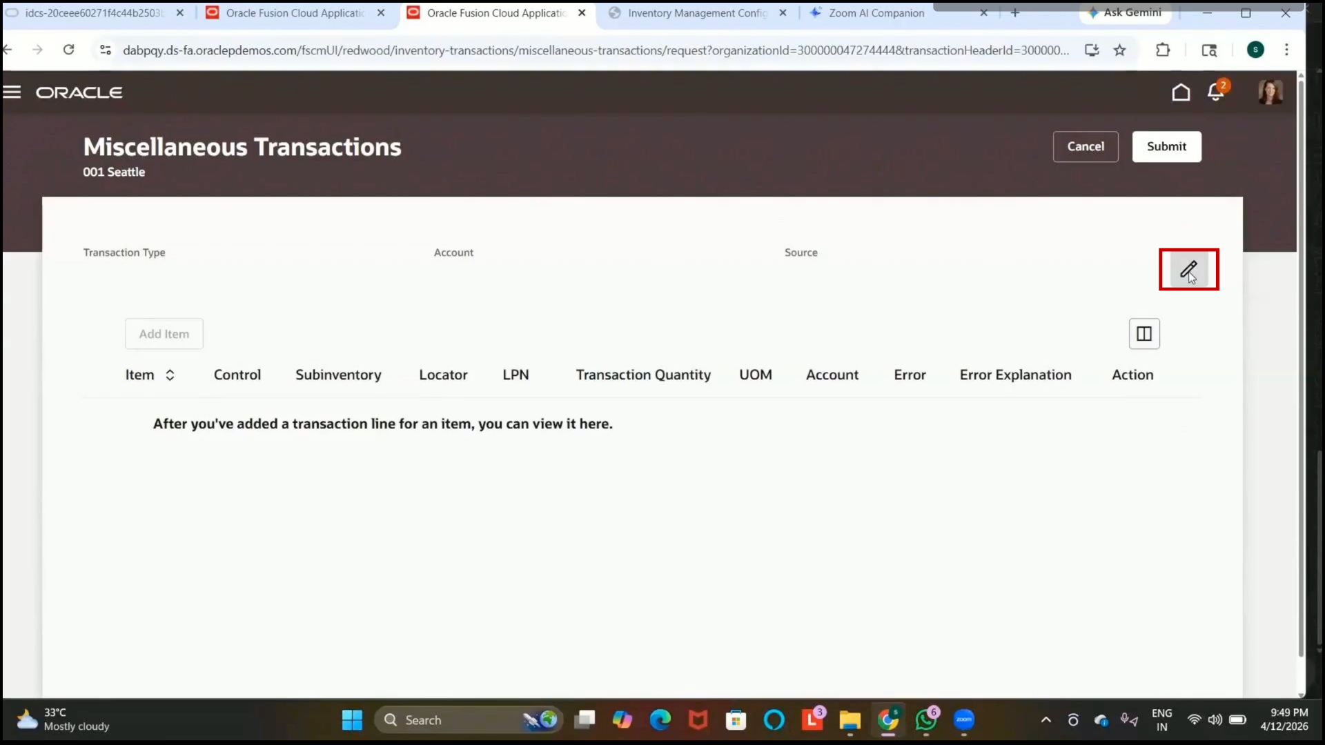 Oracle Fusion Edit icon selected to configure receipt transaction