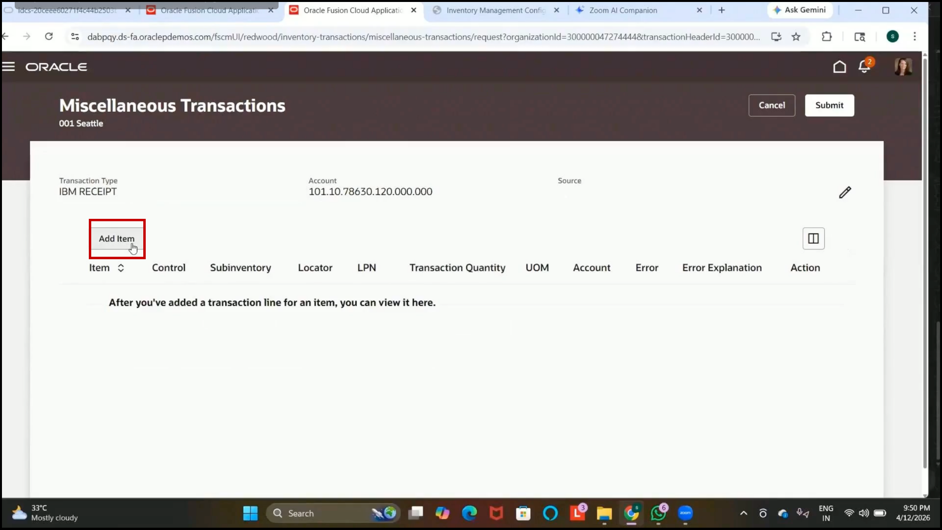 Oracle Fusion Add Item option selected in receipt transaction