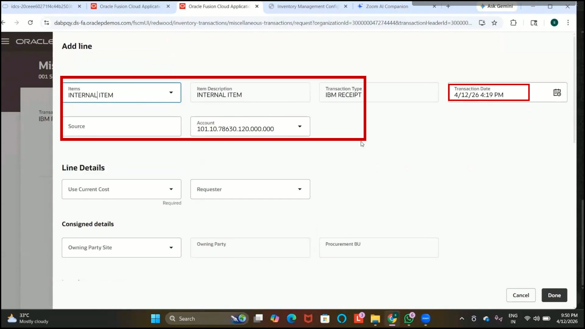 Oracle Fusion item details populated automatically in receipt transactions.