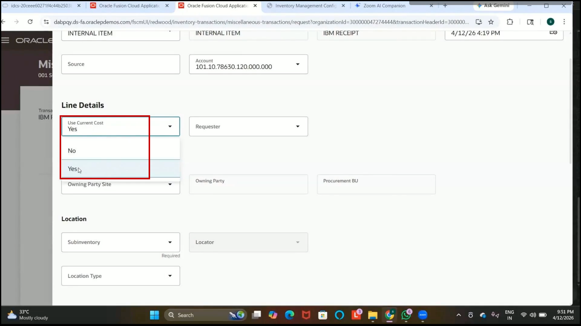 Oracle Fusion: No option selected for manual item cost entry
