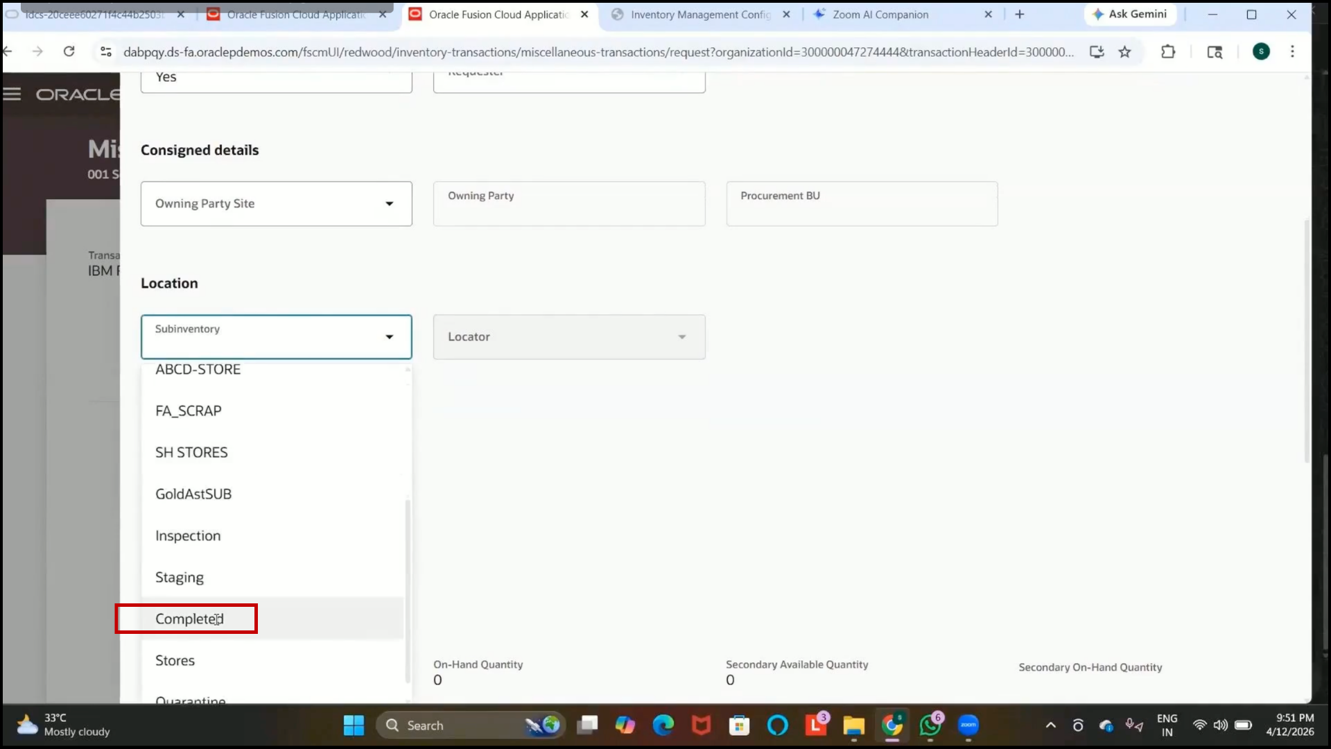 Oracle Fusion subinventory field displayed for receipt transaction