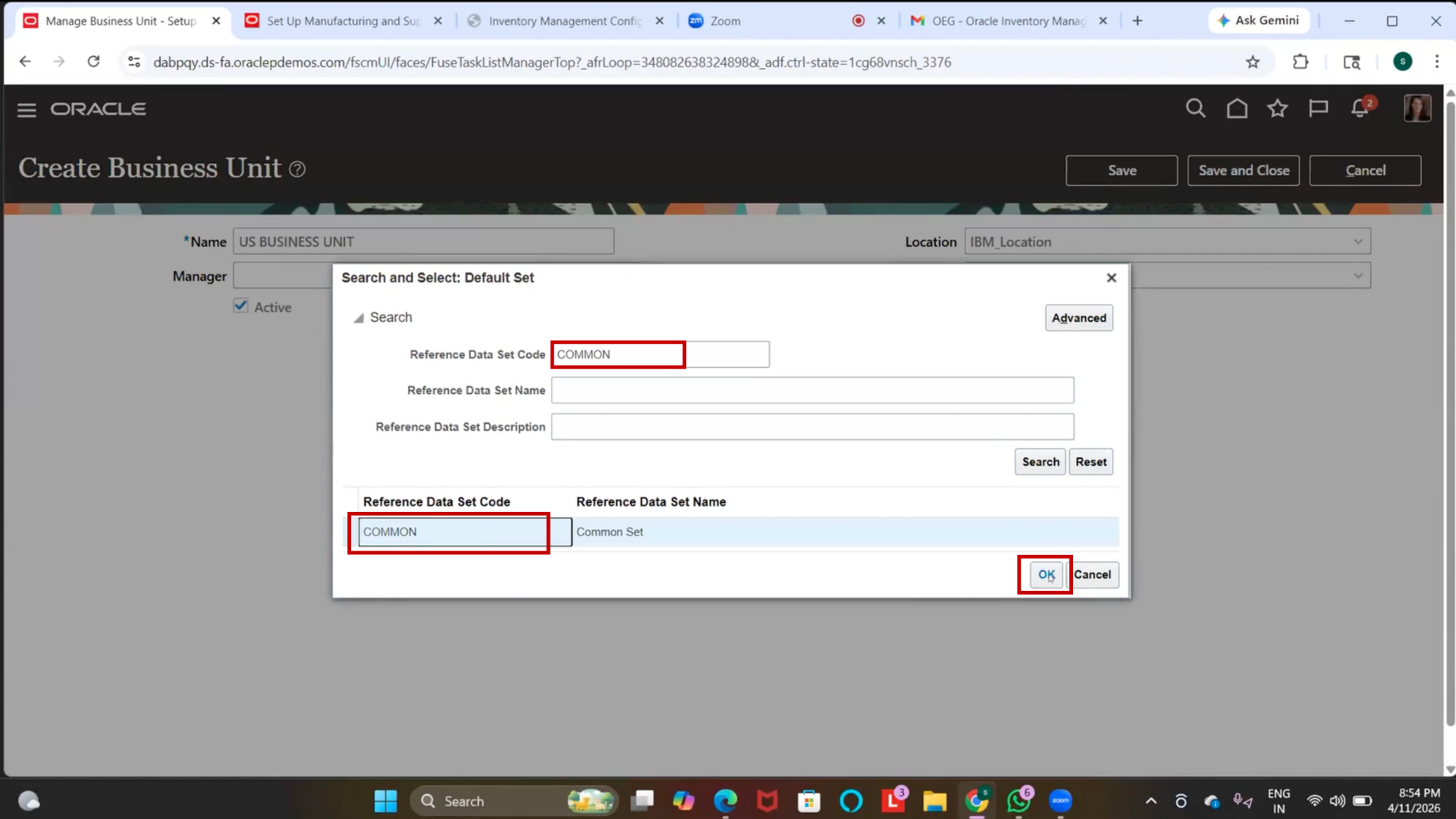Selecting Common Set in Oracle Fusion Inventory Management for inventory organization configuration