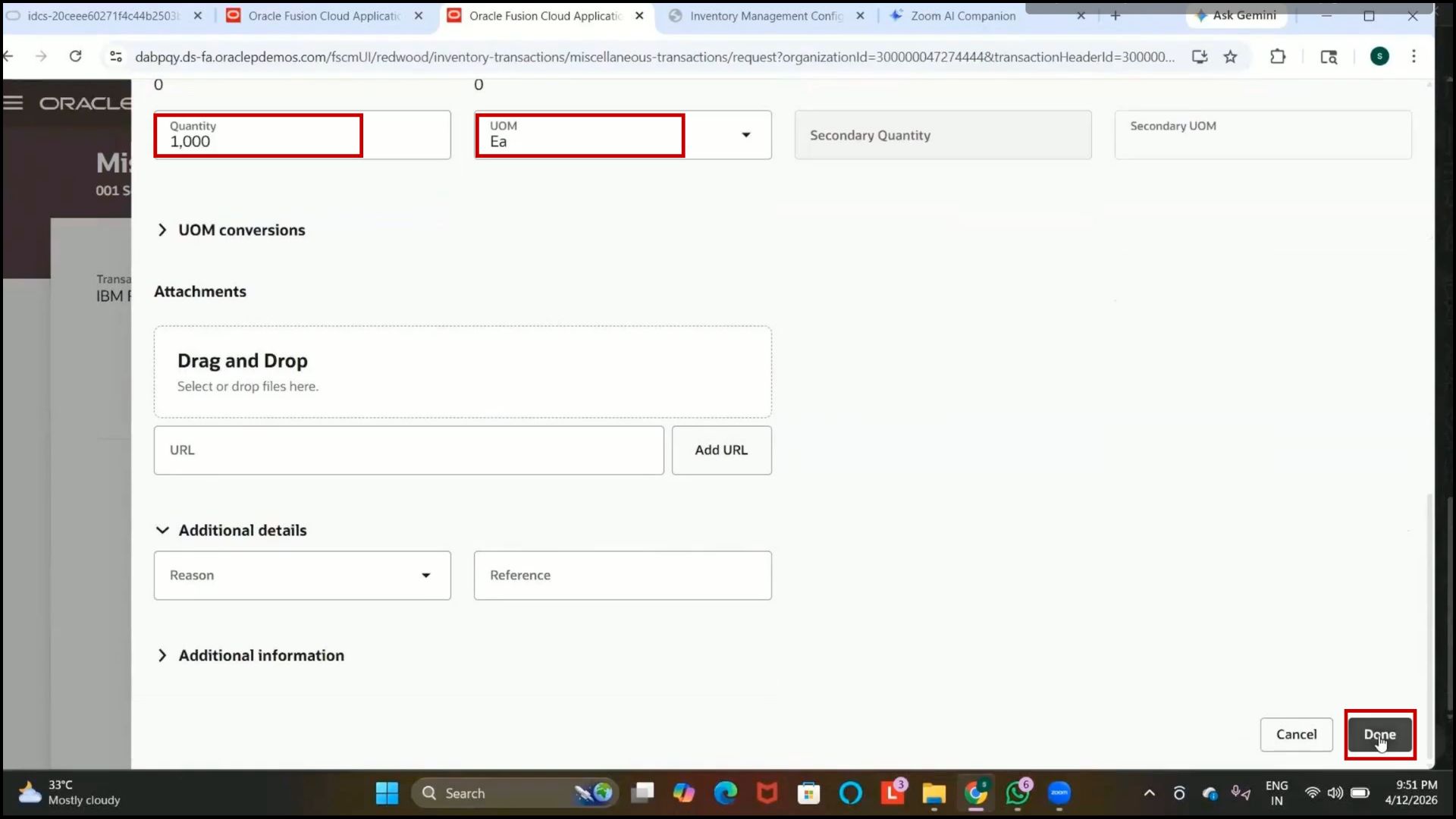 Oracle Fusion receipt quantity of 1000 entered for inventory item