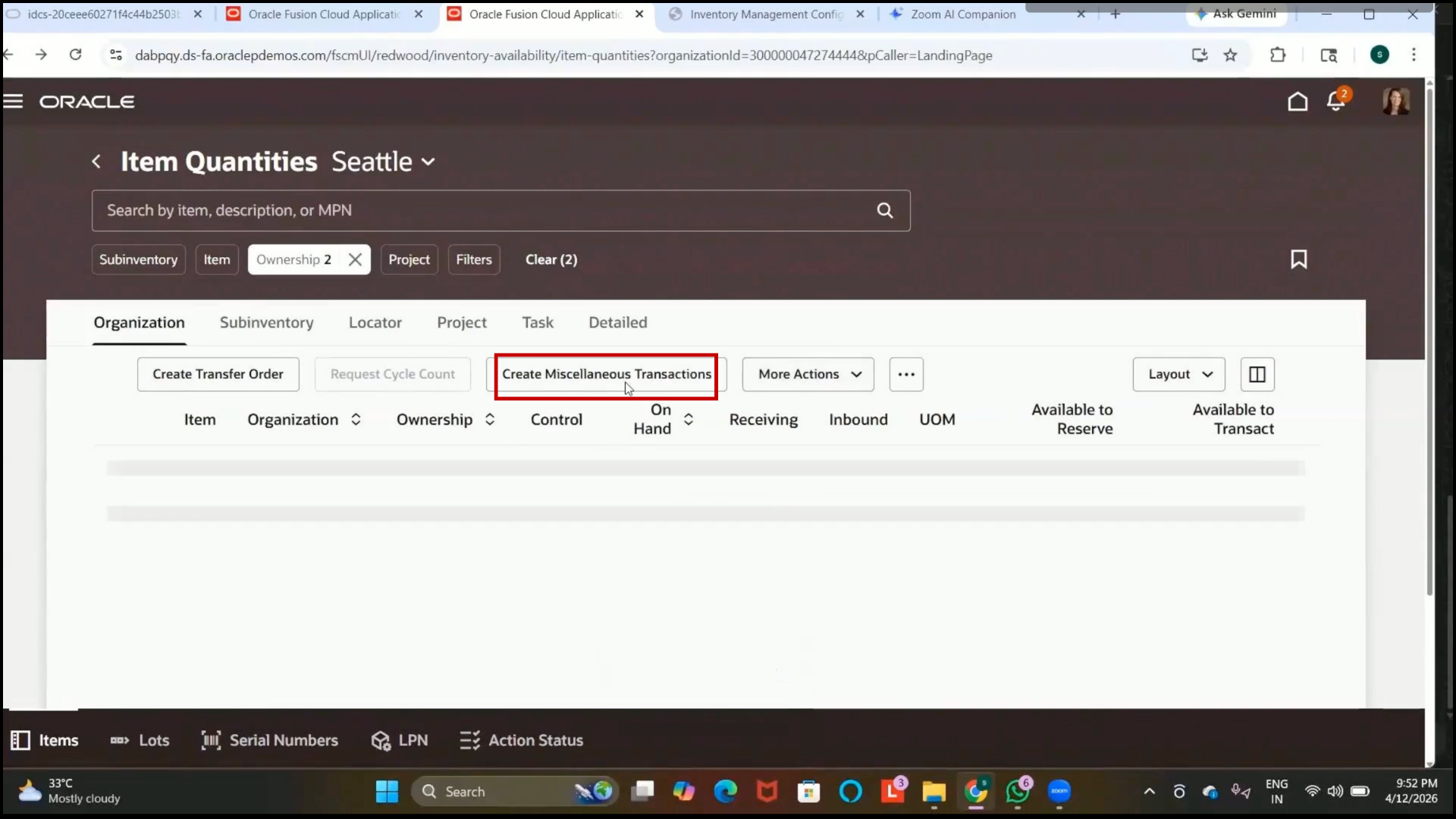 Oracle Fusion successful miscellaneous receipt transaction confirmation message