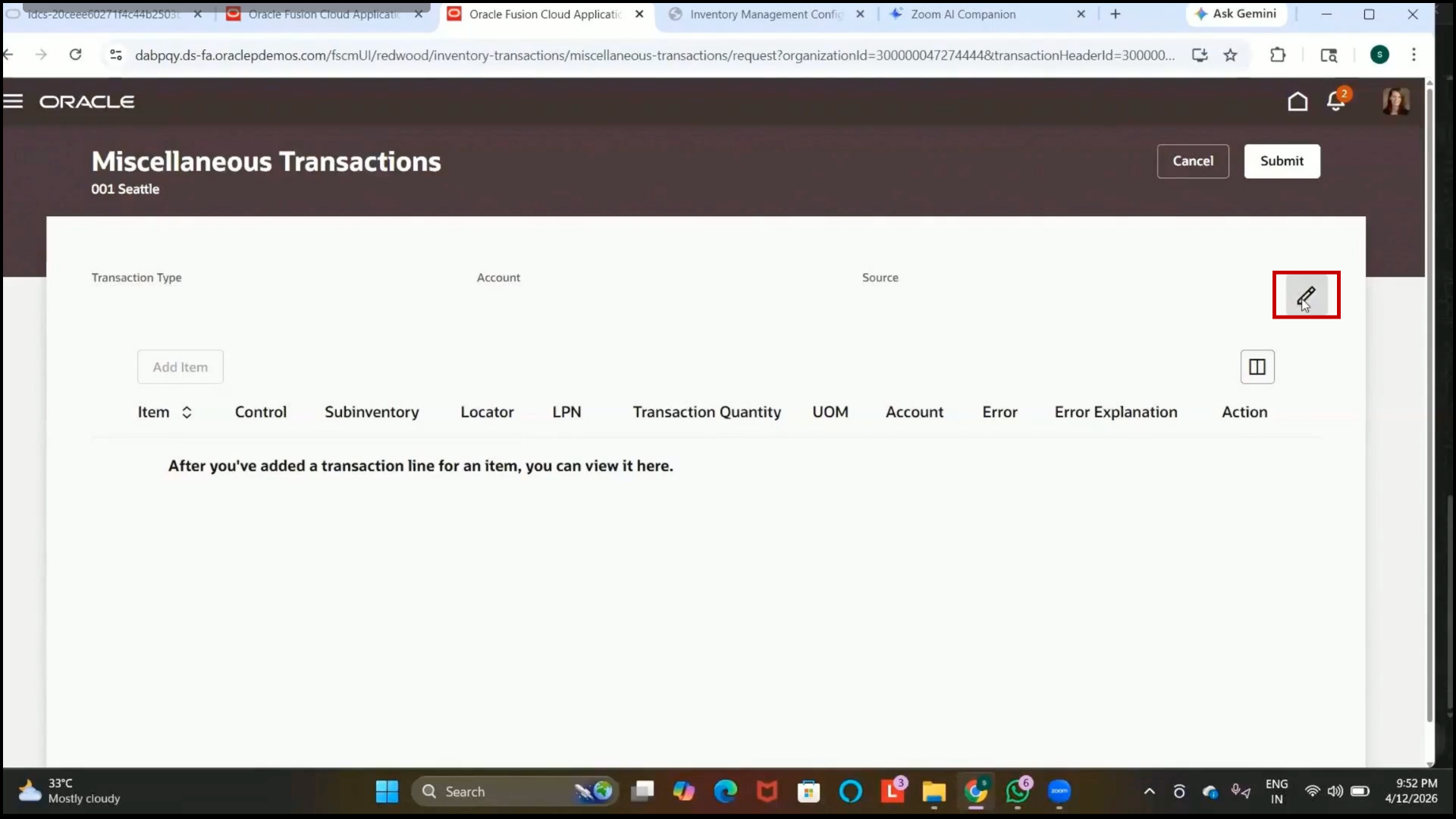 Oracle Fusion Edit icon selected to configure issue transaction details