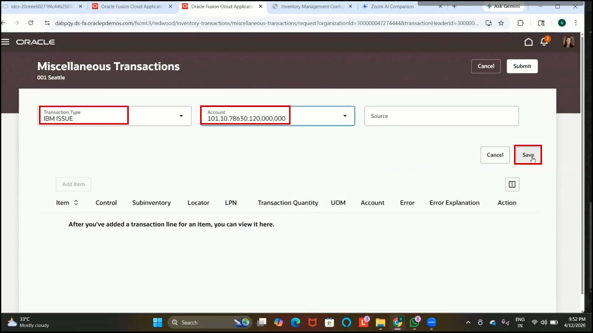 Oracle Fusion Save button clicked to store issue transaction setup