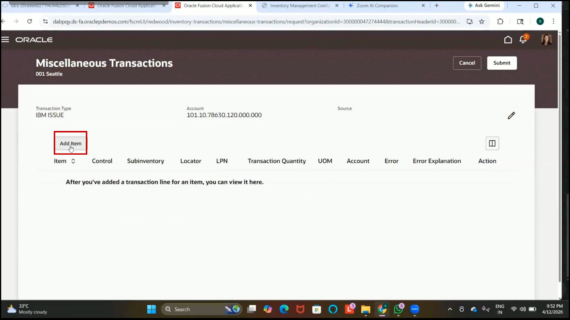 Oracle Fusion Add Item option selected for miscellaneous issue transaction