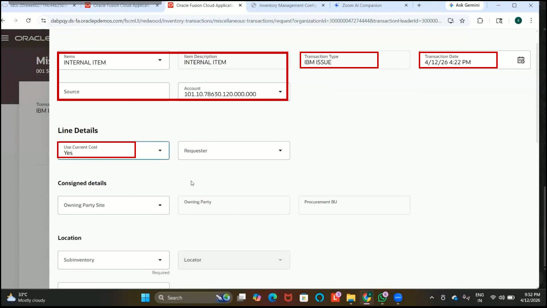 Oracle Fusion Completed Subinventory selected as source inventory location