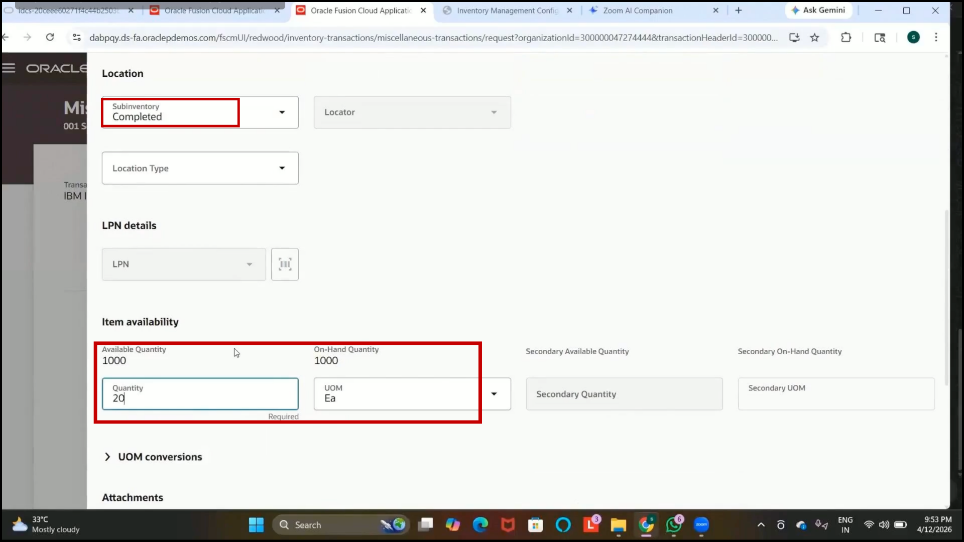 Oracle Fusion Unit of Measure field set to "Each" for issue transaction