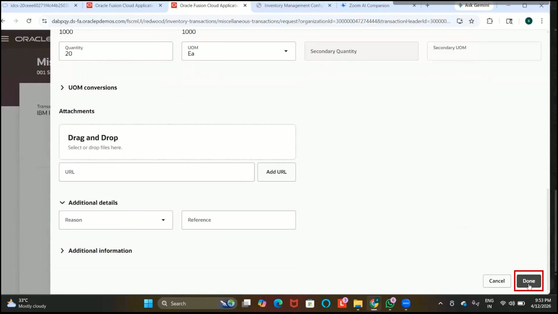 Oracle Fusion issue transaction summary displayed for review before submission