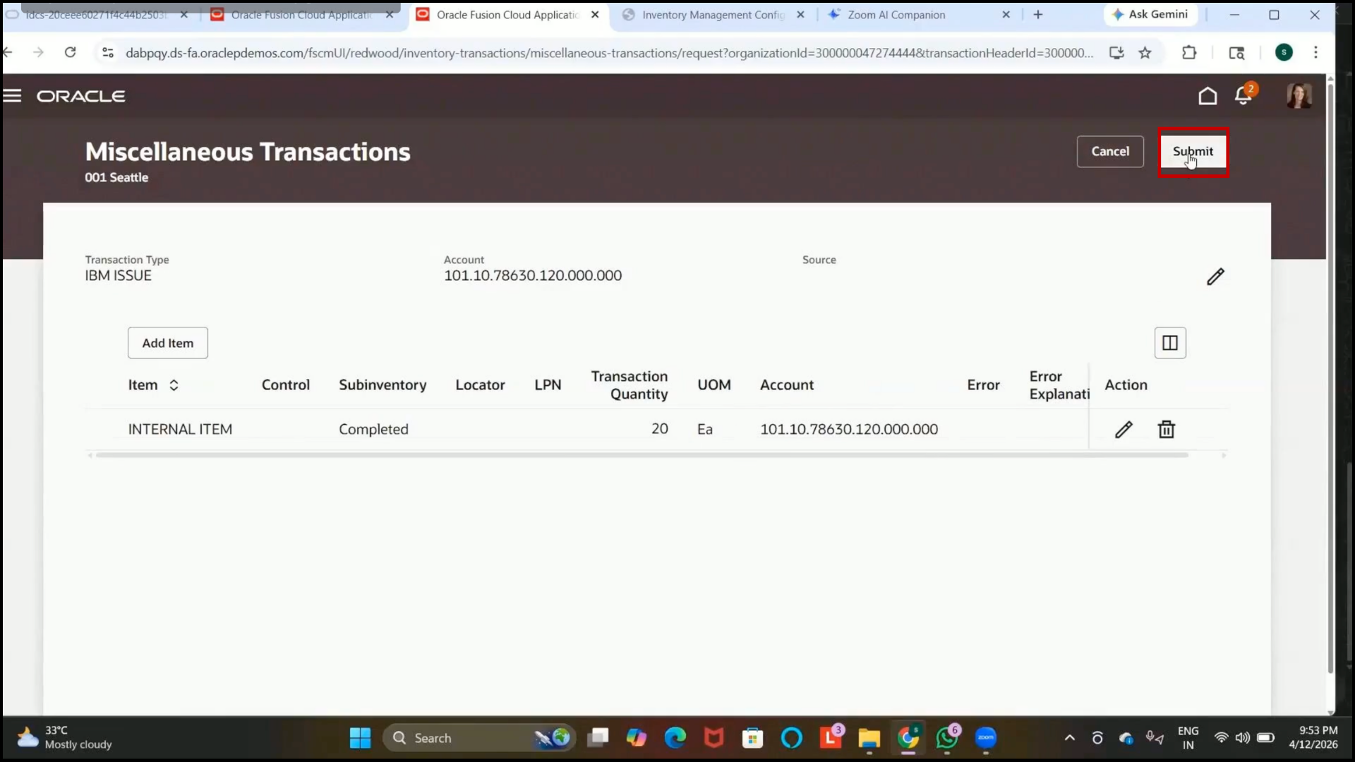 Oracle Fusion Submit button selected to process inventory issue transaction