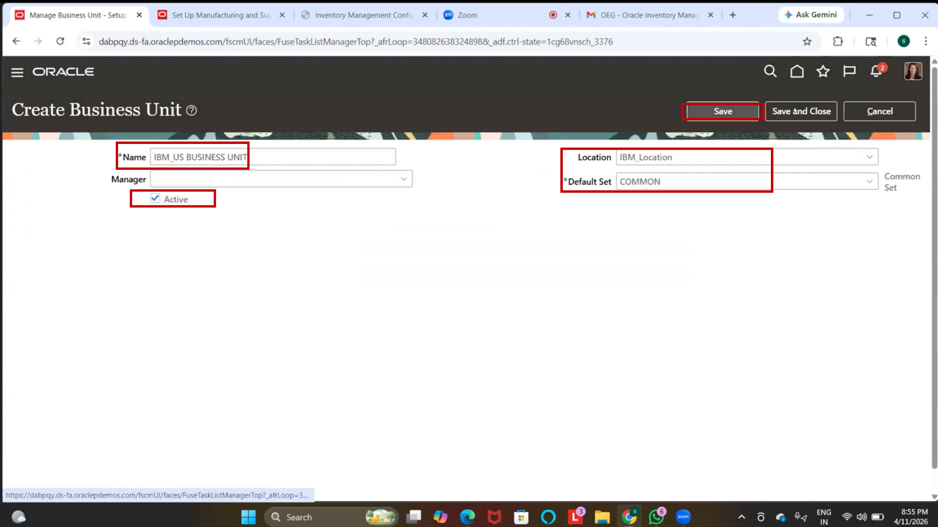 Saving business unit configuration in Oracle Fusion SCM for inventory organization and inventory management setup