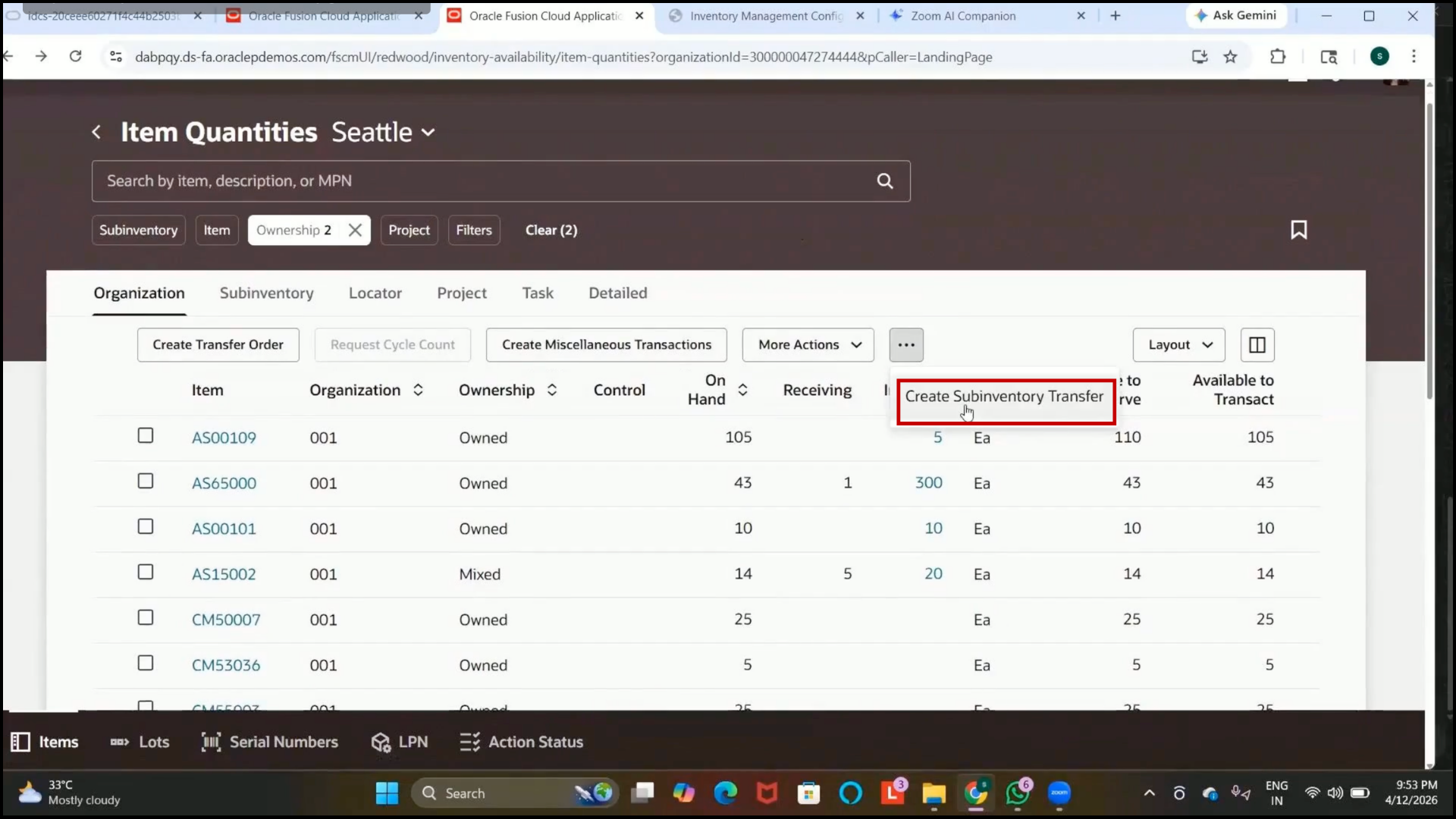 Oracle Fusion Subinventory Transfer page opened for inventory movement