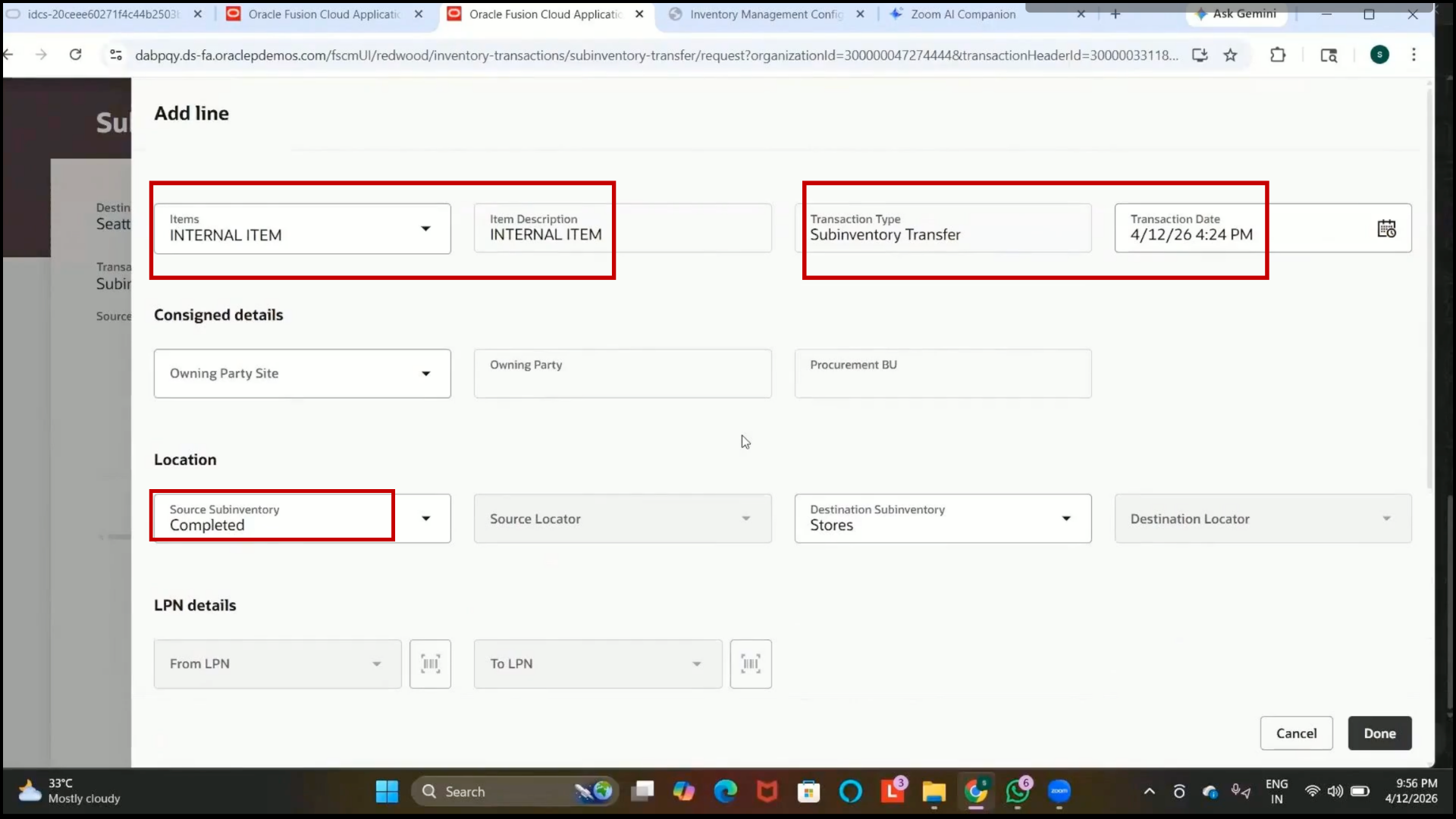 Oracle Fusion Stores Subinventory selected as destination inventory location