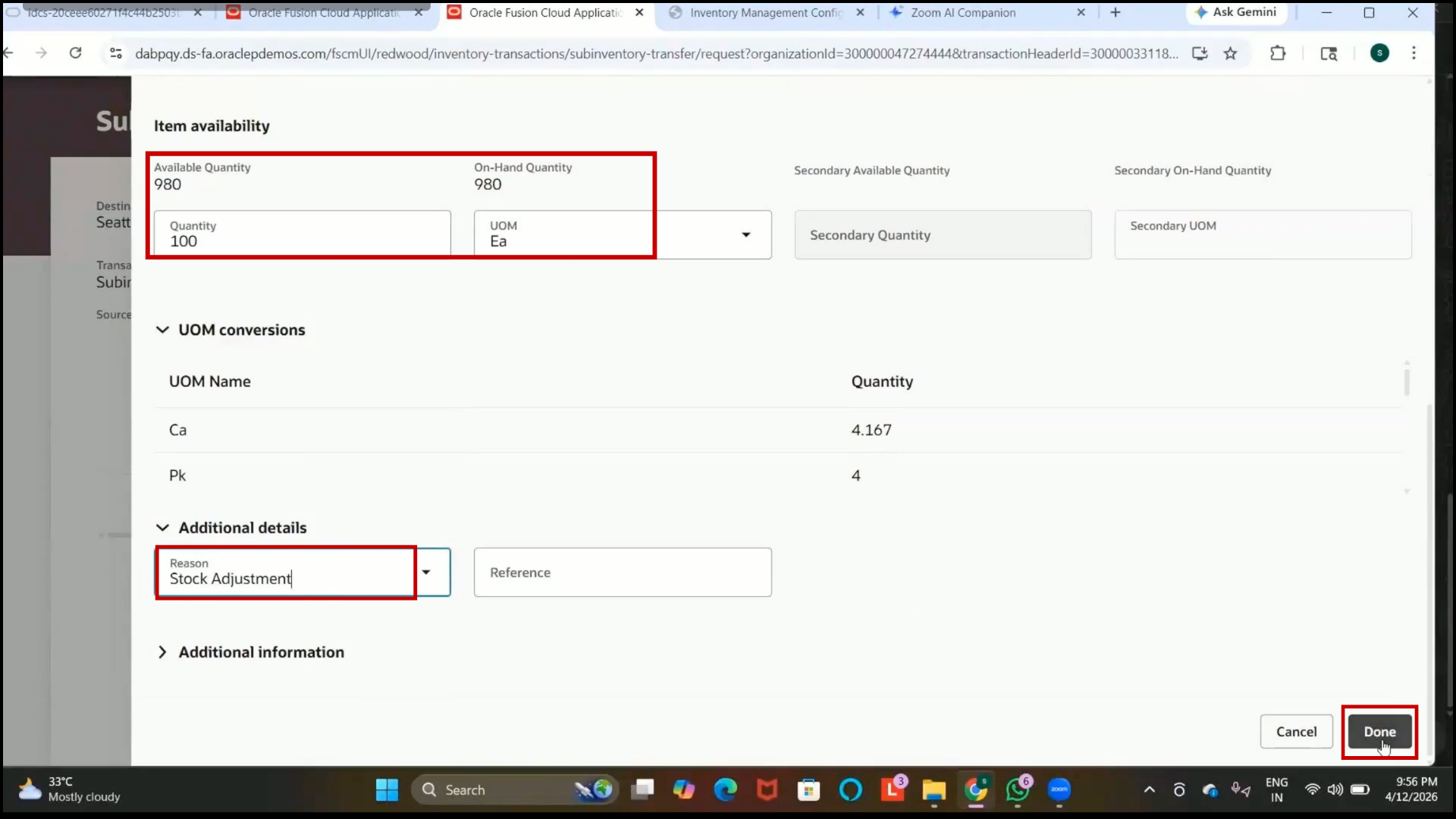 Oracle Fusion Done button selected after entering transfer transaction details