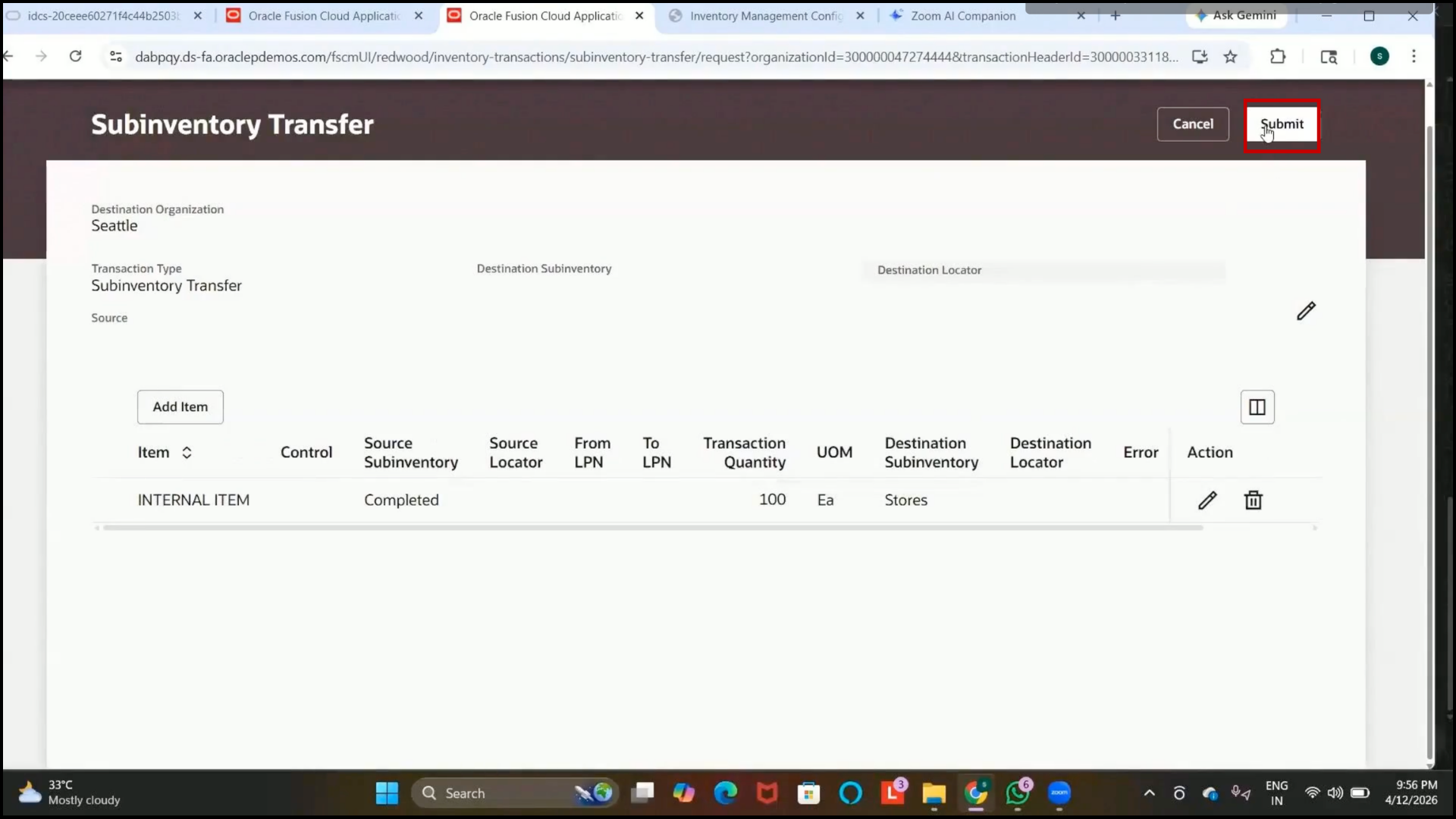 Oracle Fusion Submit button selected to process subinventory transfer transaction