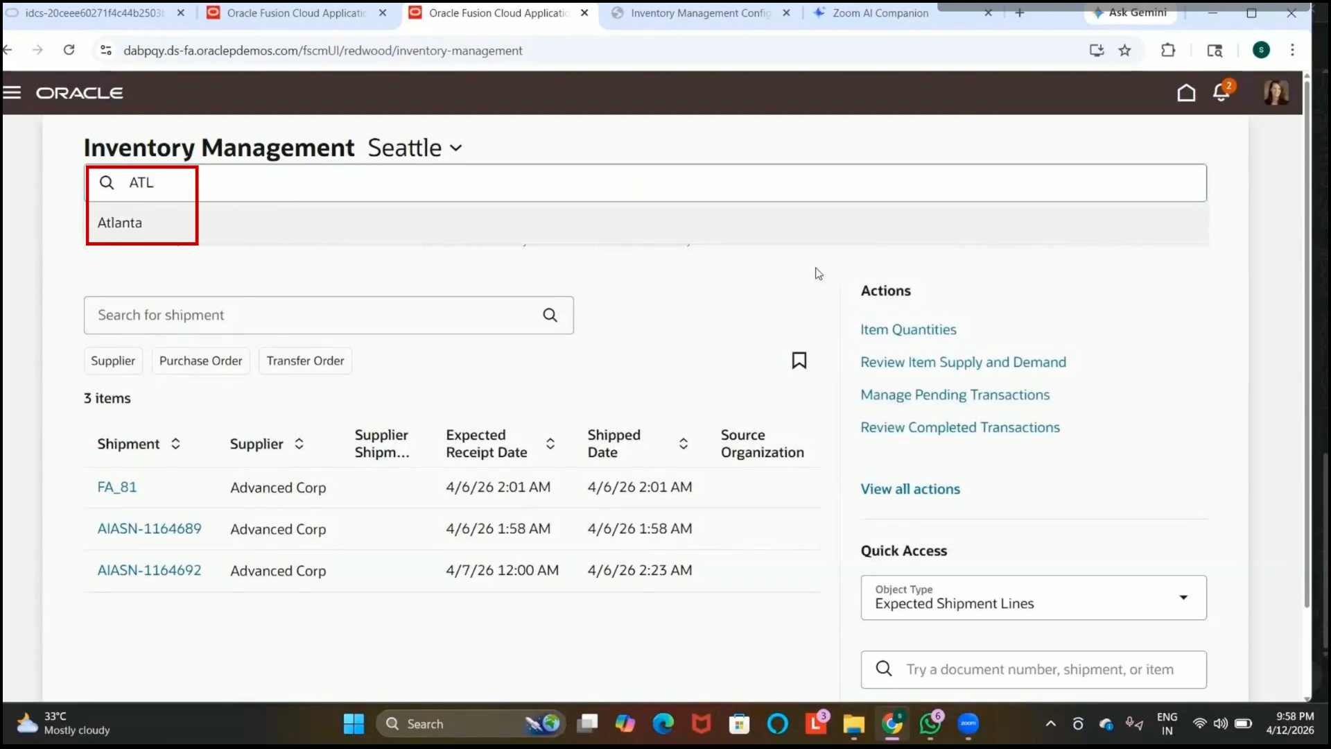 Oracle Fusion inventory management page opened for destination organization