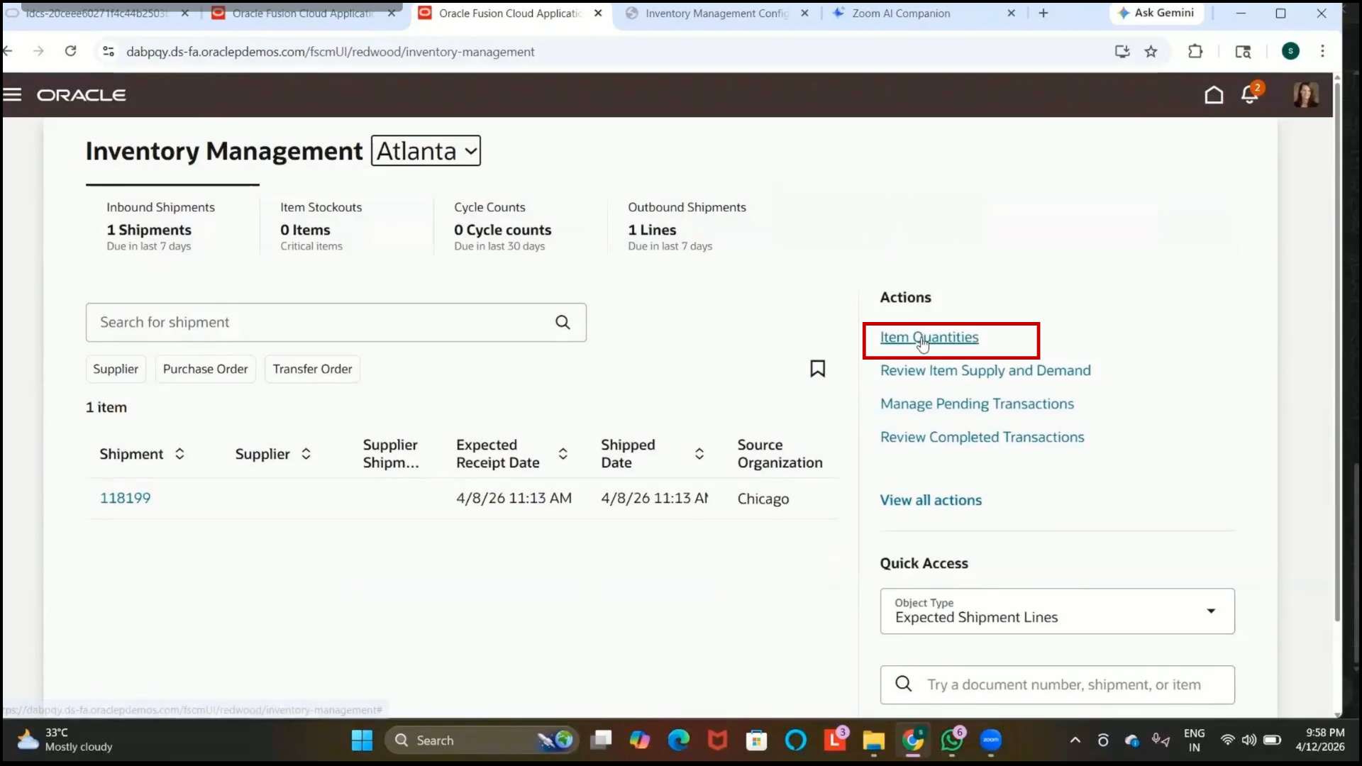 Oracle Fusion Item Quantities page opened for transfer order creation