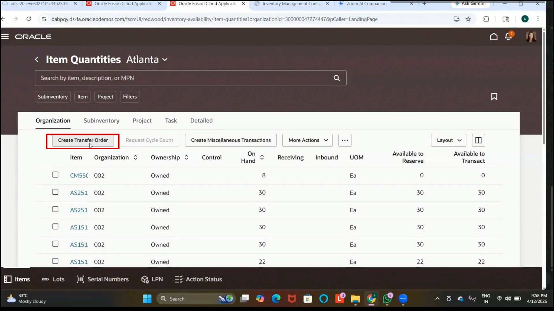 Oracle Fusion Create Transfer Order option selected from inventory page
