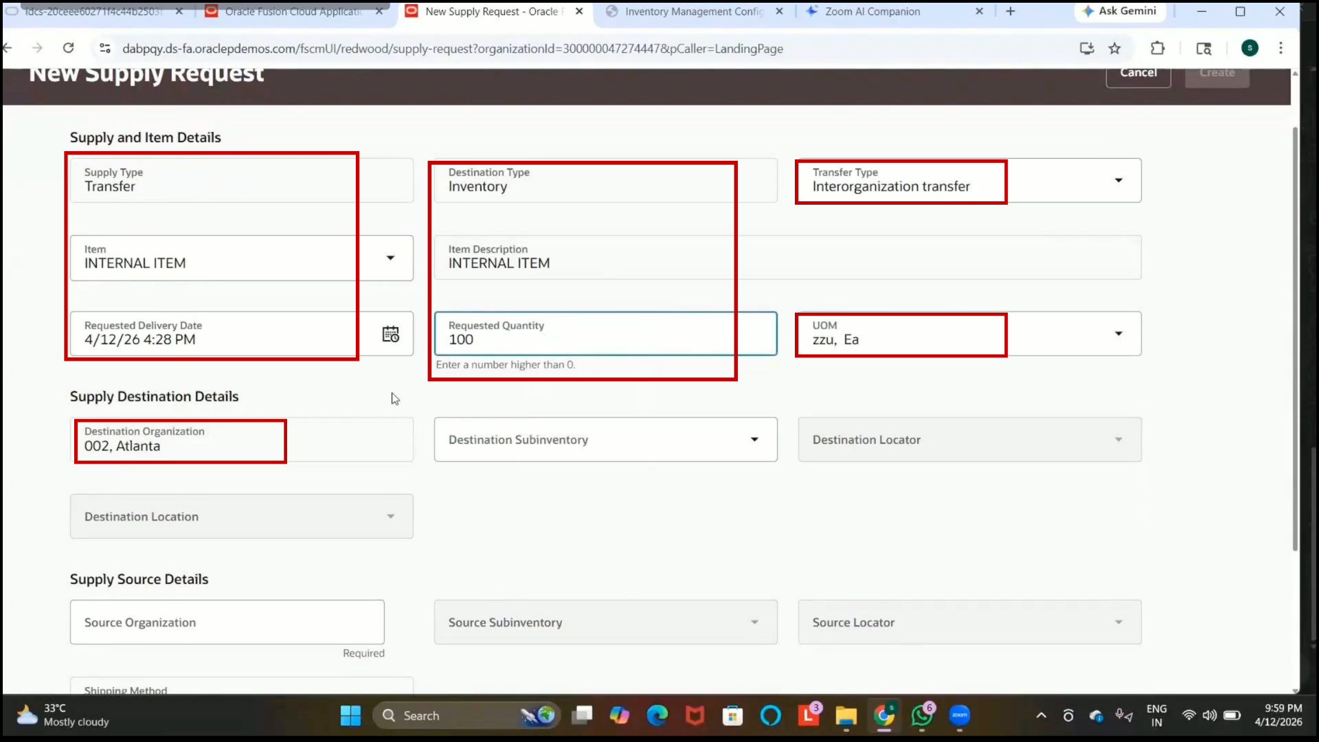 Oracle Fusion quantity value of 100 entered for transfer request