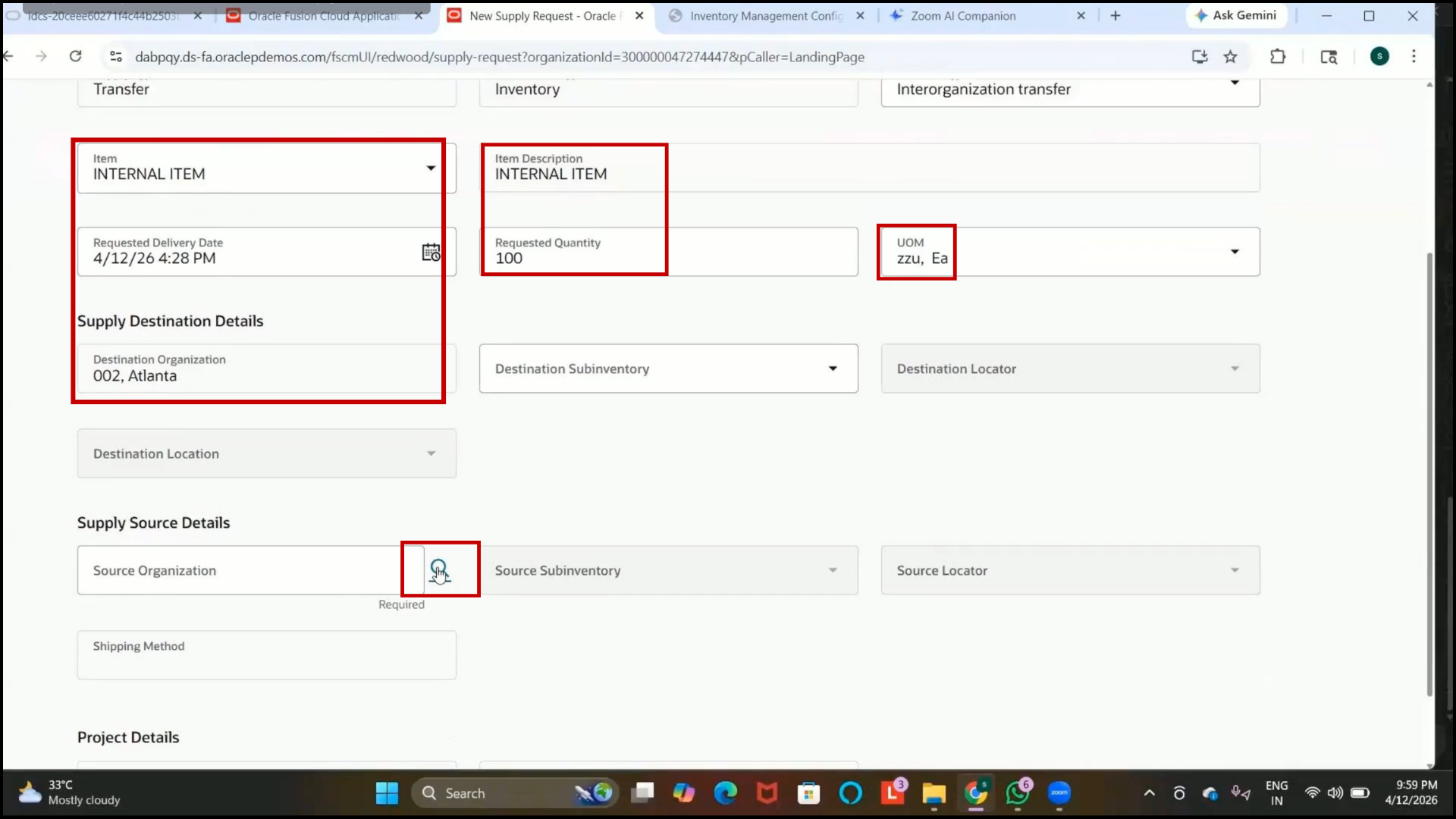 Oracle Fusion Supply Source search option selected for transfer request