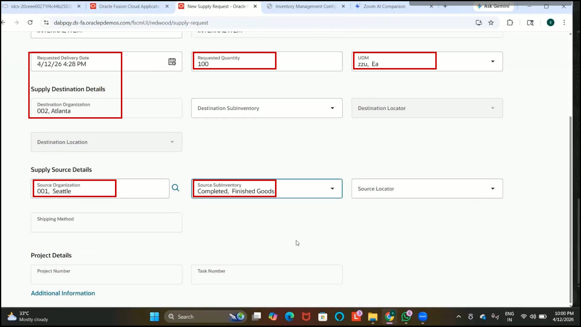 Oracle Fusion destination inventory location configured for transfer order