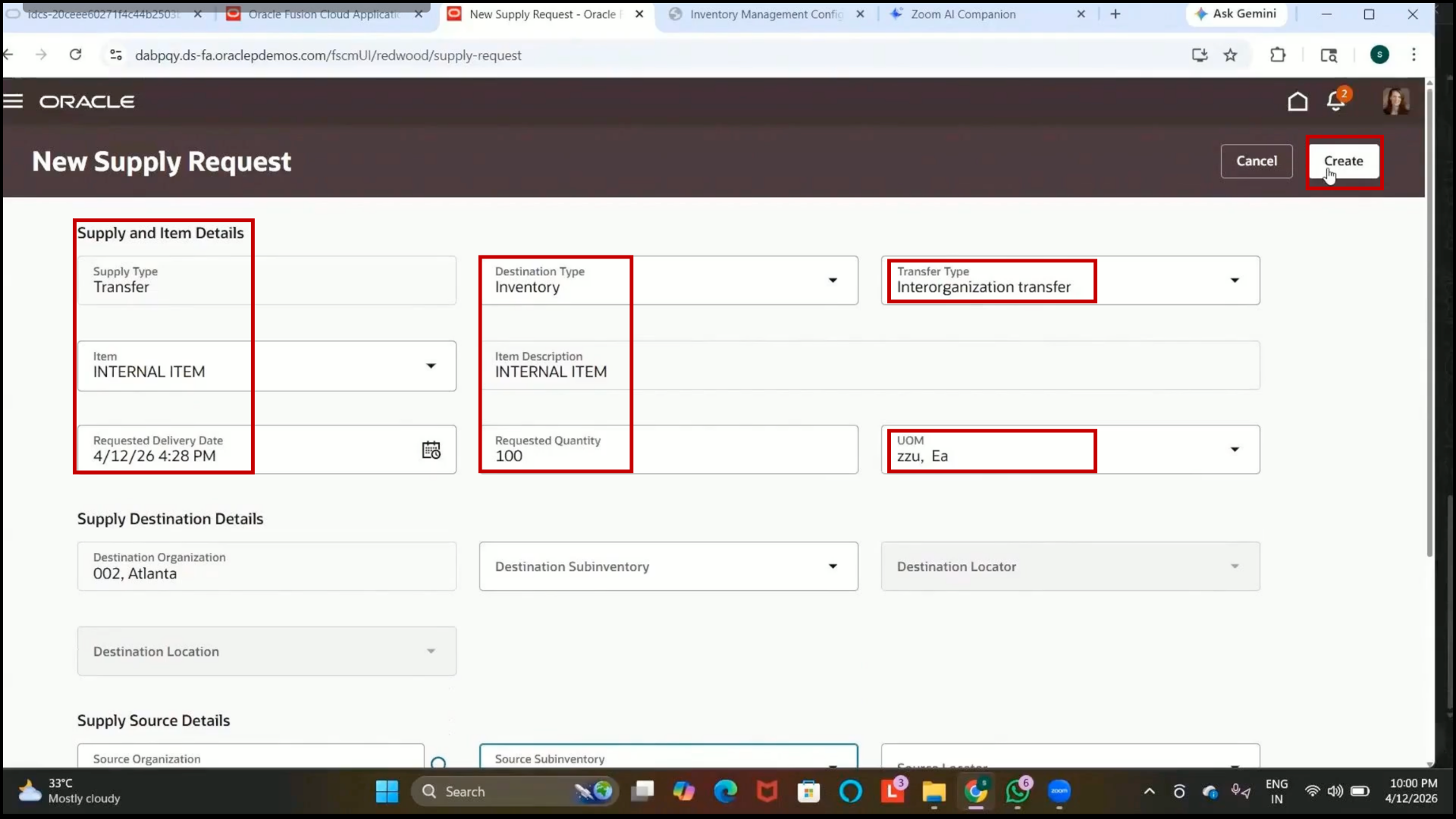 Oracle Fusion Create button selected to generate supply request