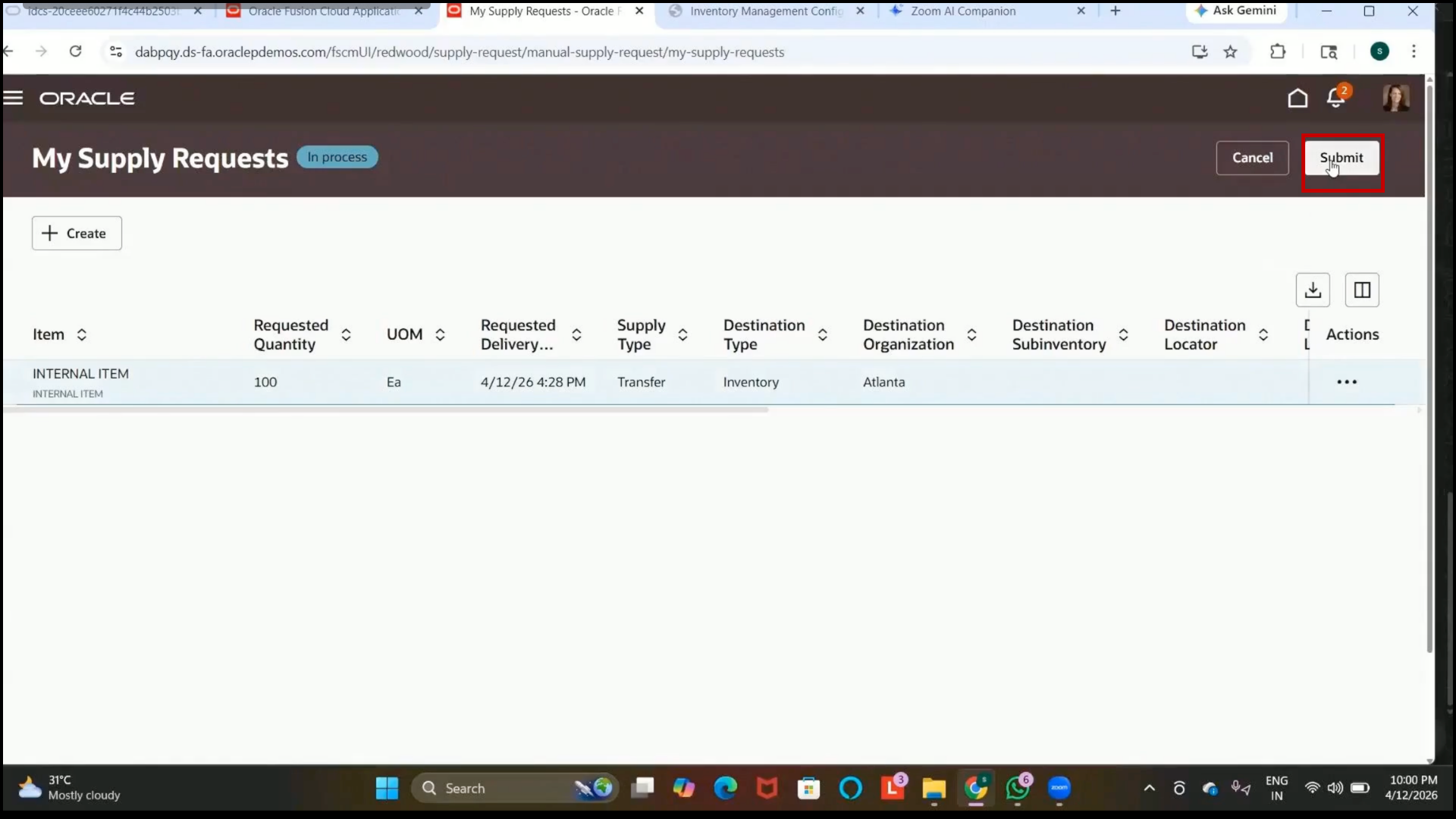 Oracle Fusion Submit button selected for supply request processing