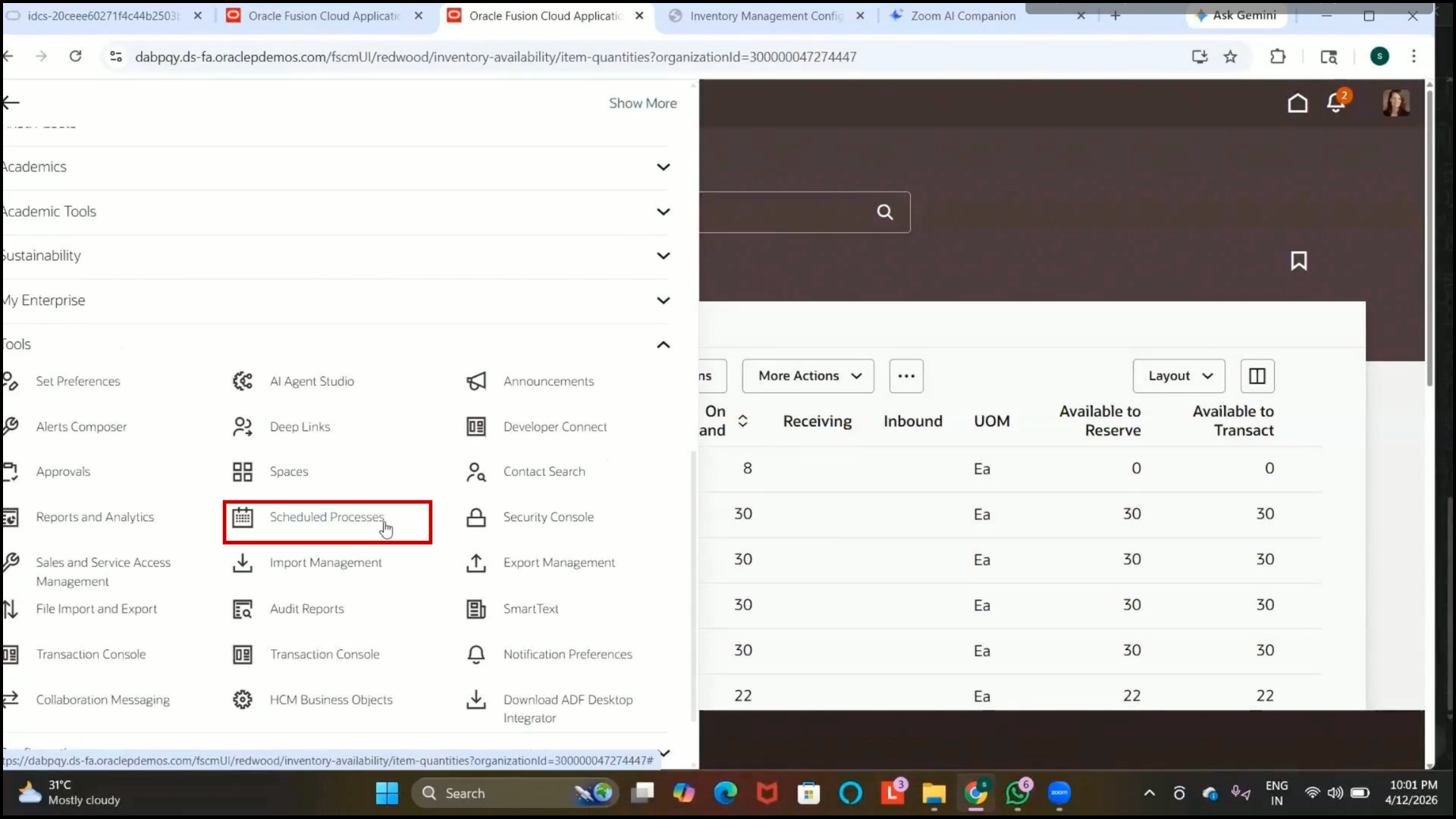 Oracle Fusion Scheduled Processes page opened for job execution