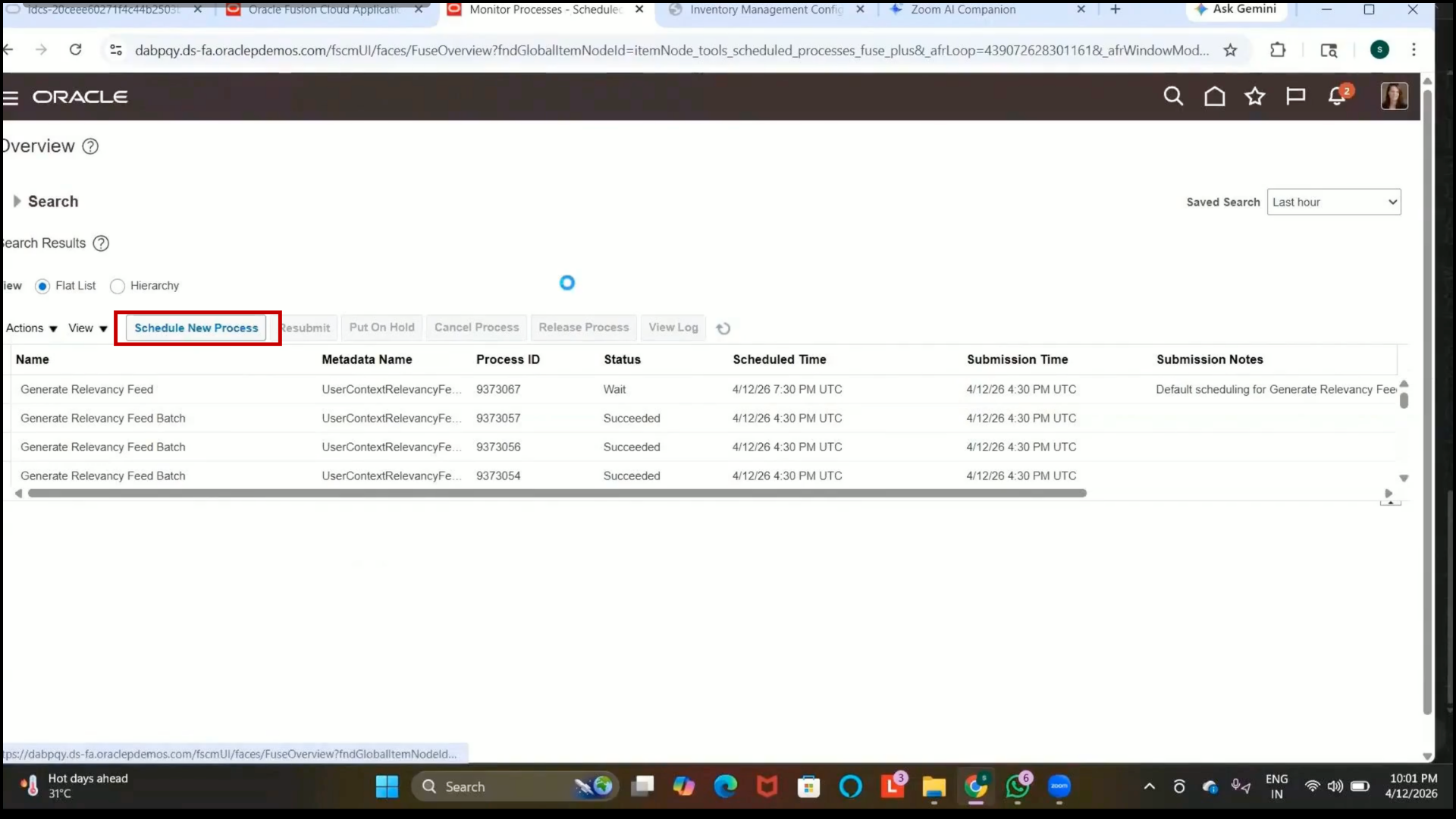 Oracle Fusion scheduled process requirement for transfer order generation
