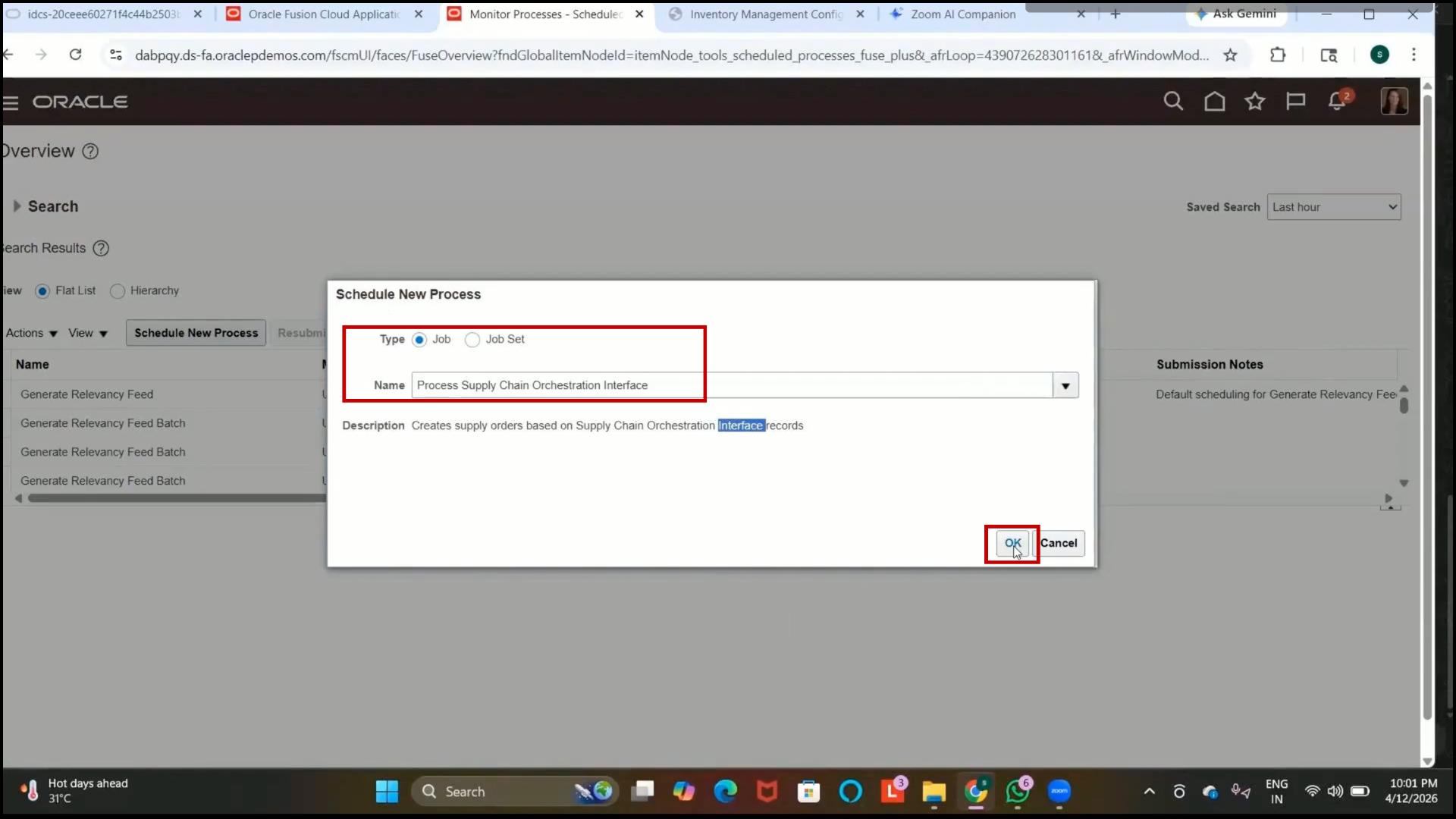 Oracle Fusion program parameters page displayed before process submission
