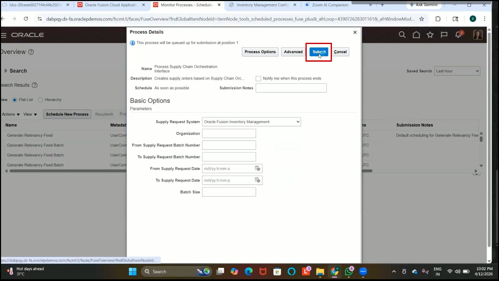 Oracle Fusion Submit button selected to run orchestration process