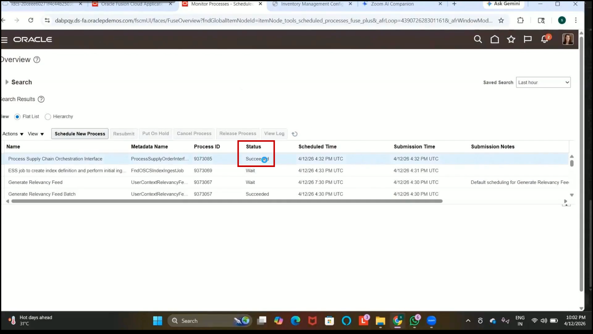 Oracle Fusion Schedule New Process option selected from Scheduled Processes