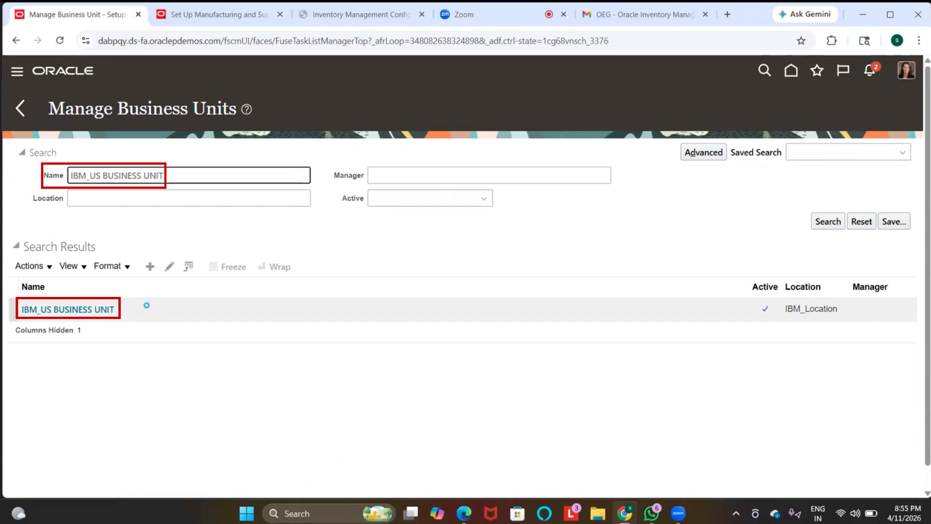 Searching business unit records in Oracle Inventory Management software results page