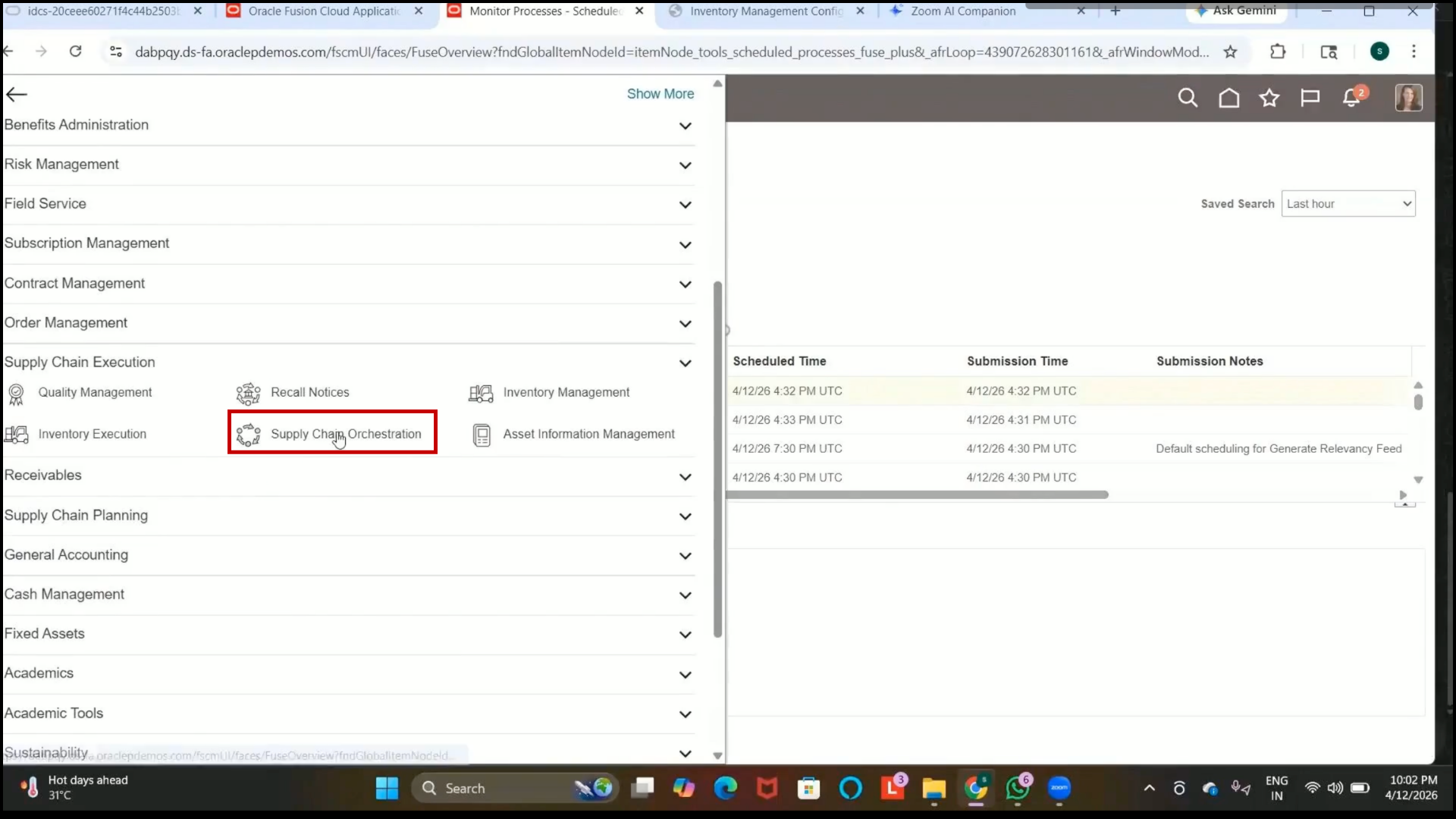 Oracle Fusion Process Supply Chain Orchestration Interface Records program selected