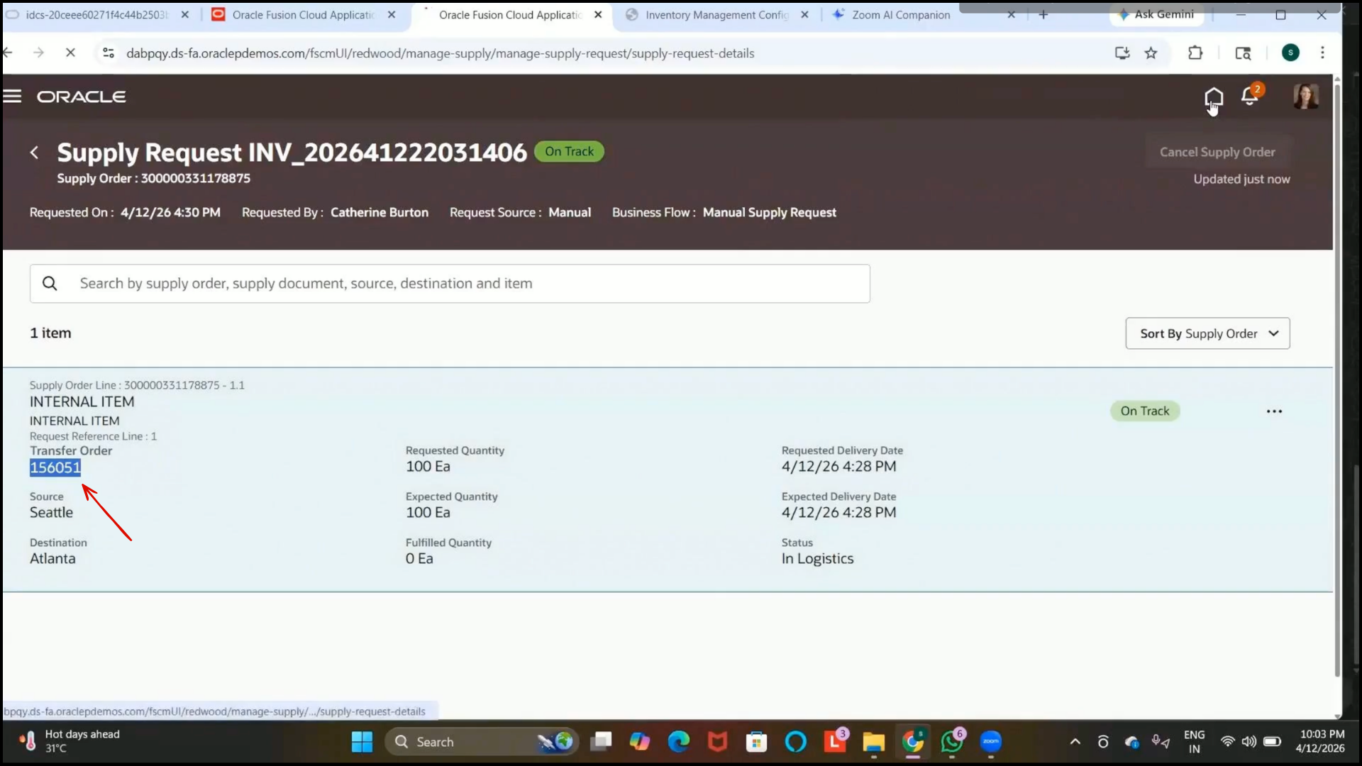 Oracle Fusion transfer order 156051 displayed in supply request details