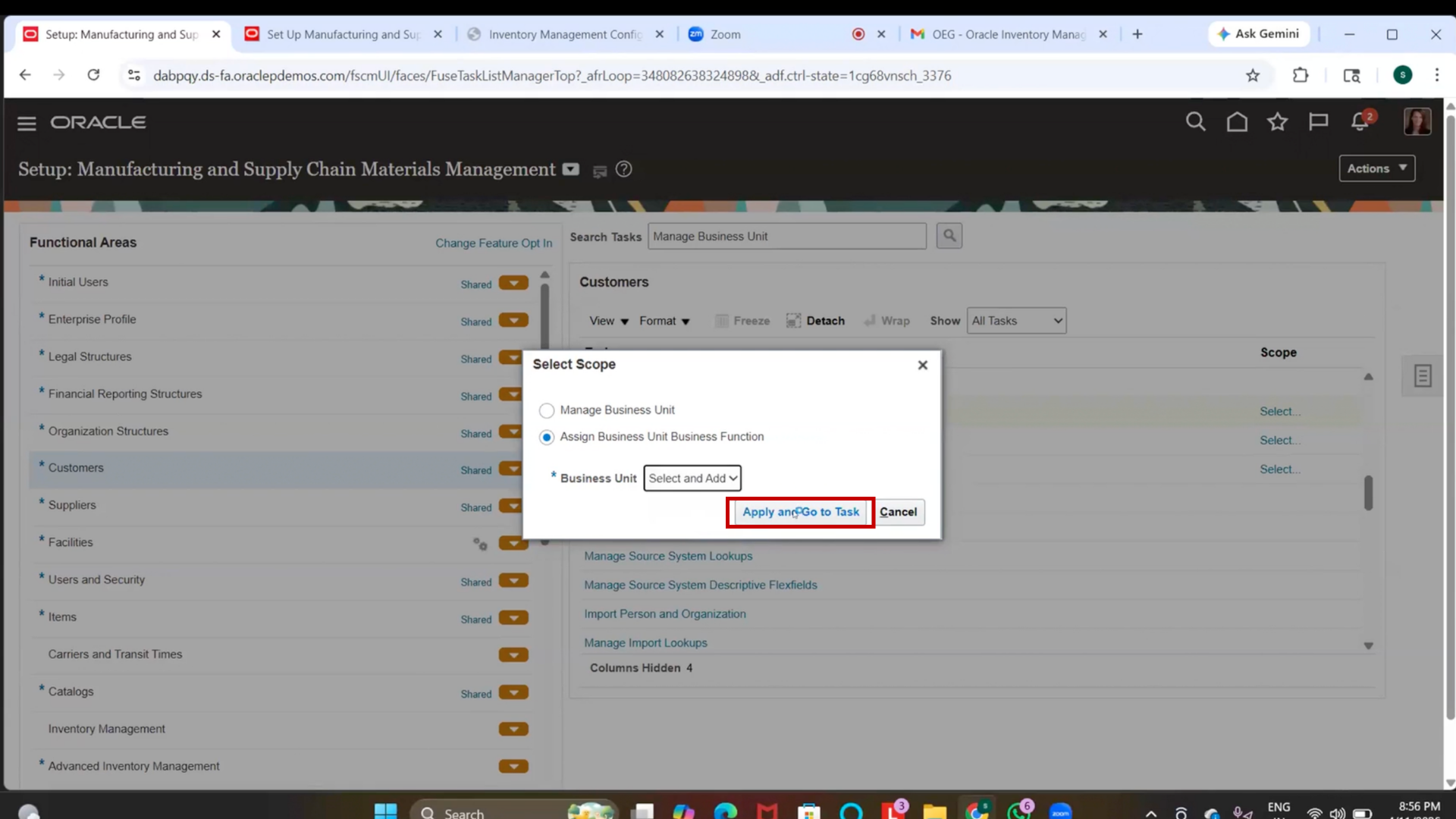 Locate business unit in Oracle Cloud Inventory Management inventory organization search results