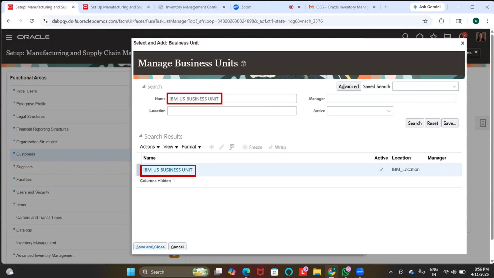 Assign Business Unit Business Function in Oracle Fusion SCM inventory management setup