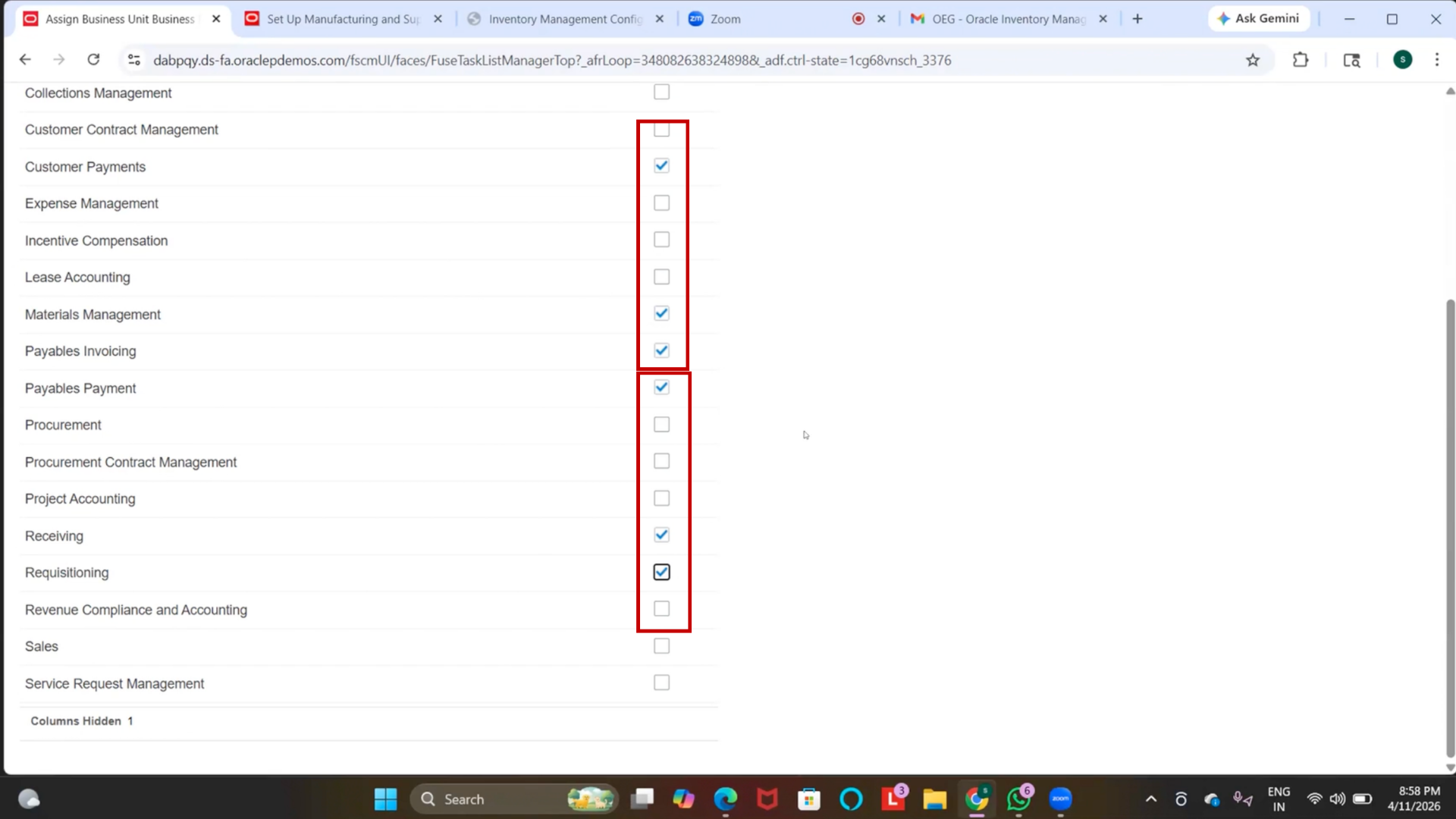Enable Customer Payments and Requisitioning business functions in Oracle Fusion Inventory Management