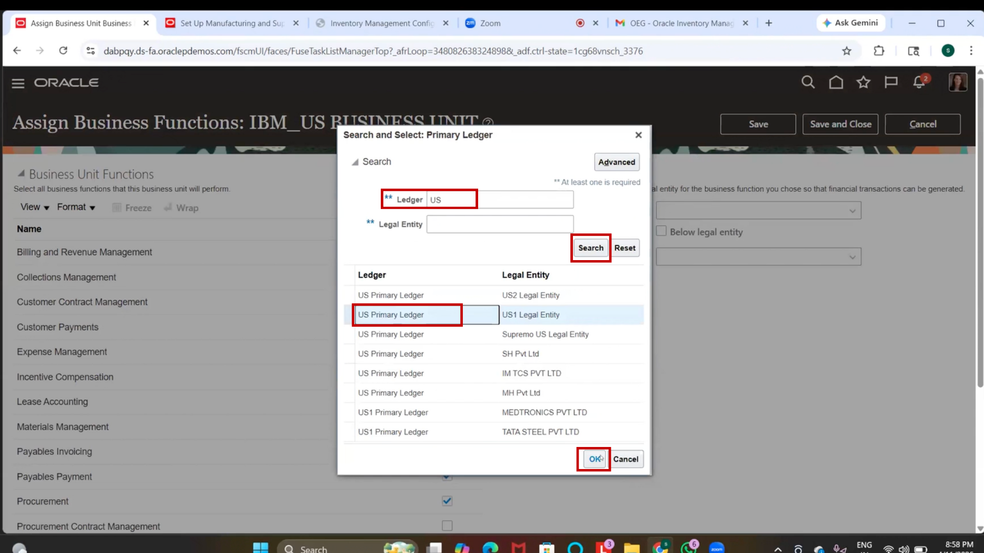 Select US Primary Ledger for Inventory Organization